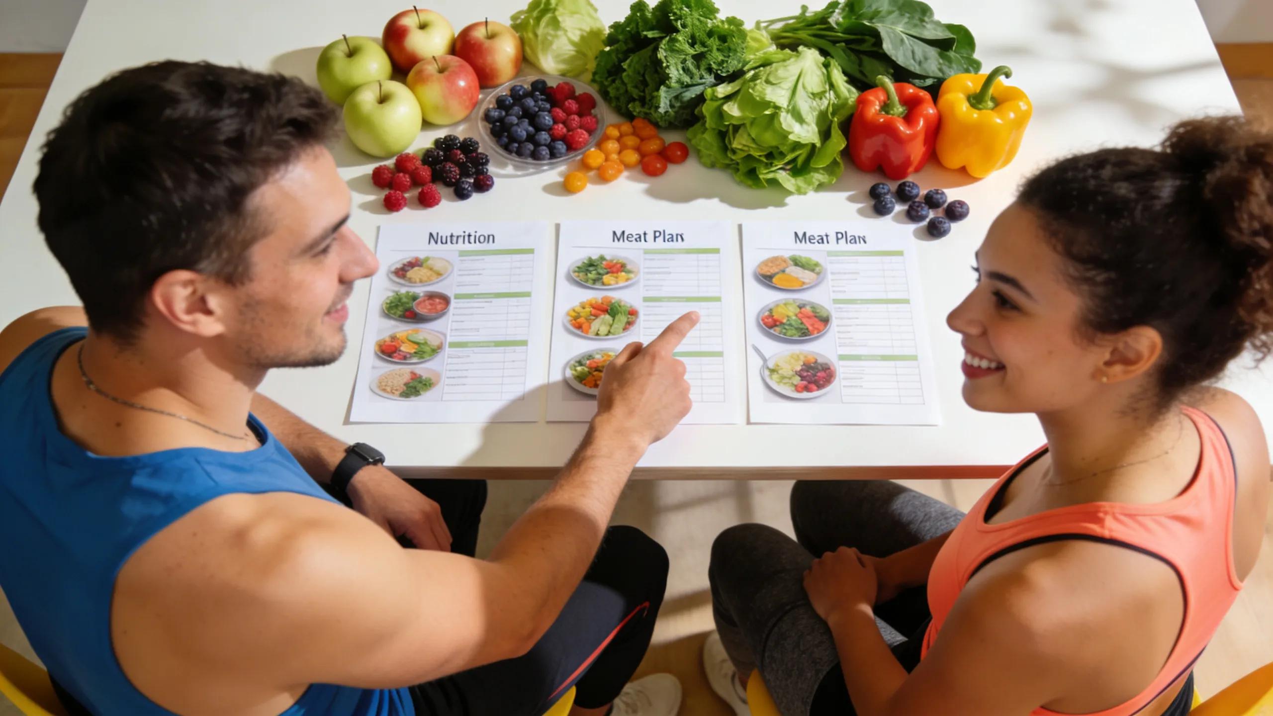 Nutrition coach advising a client on personalized meal plans with colorful foods