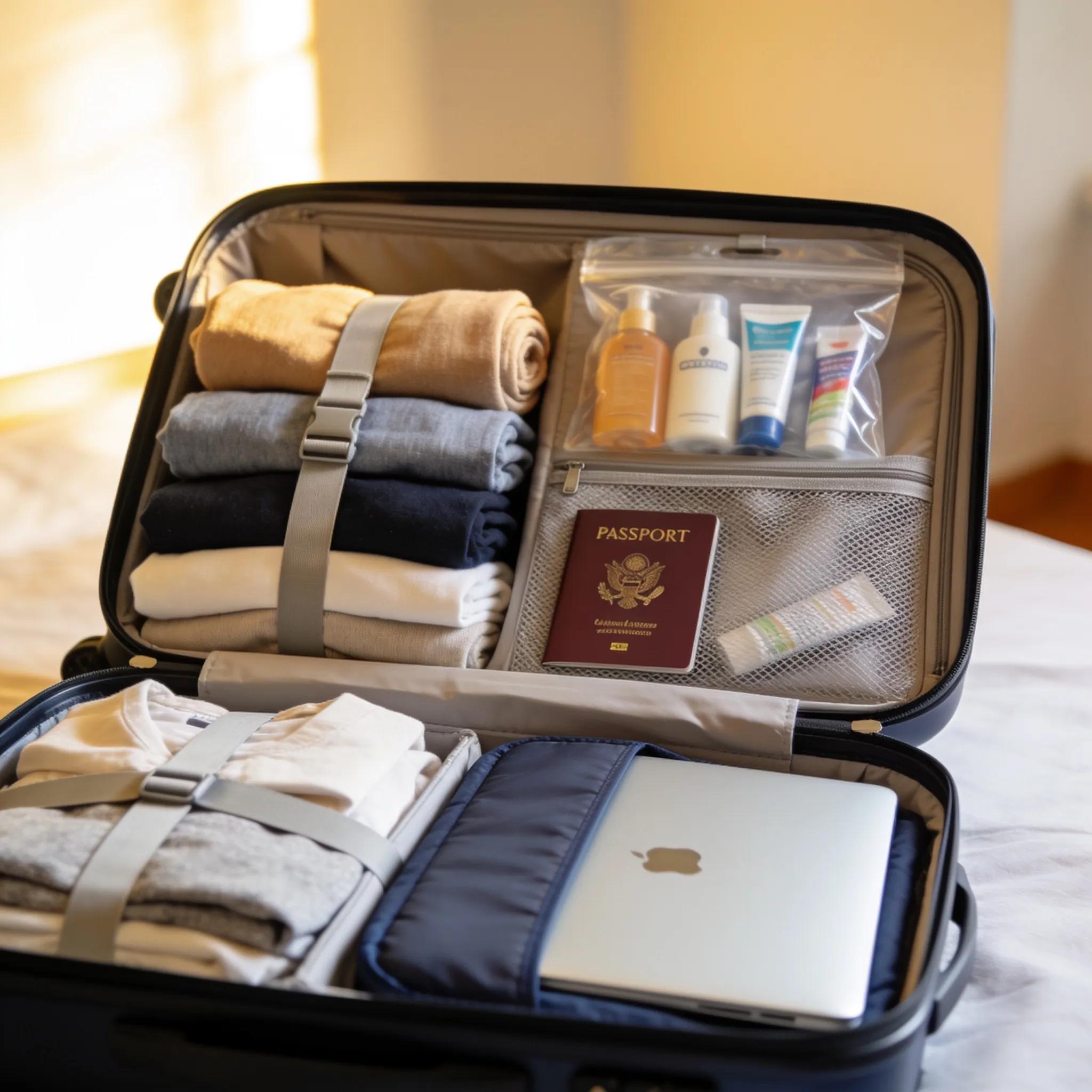 Packed carry-on suitcase with rolled clothes and travel accessories for efficient 7-day travel.