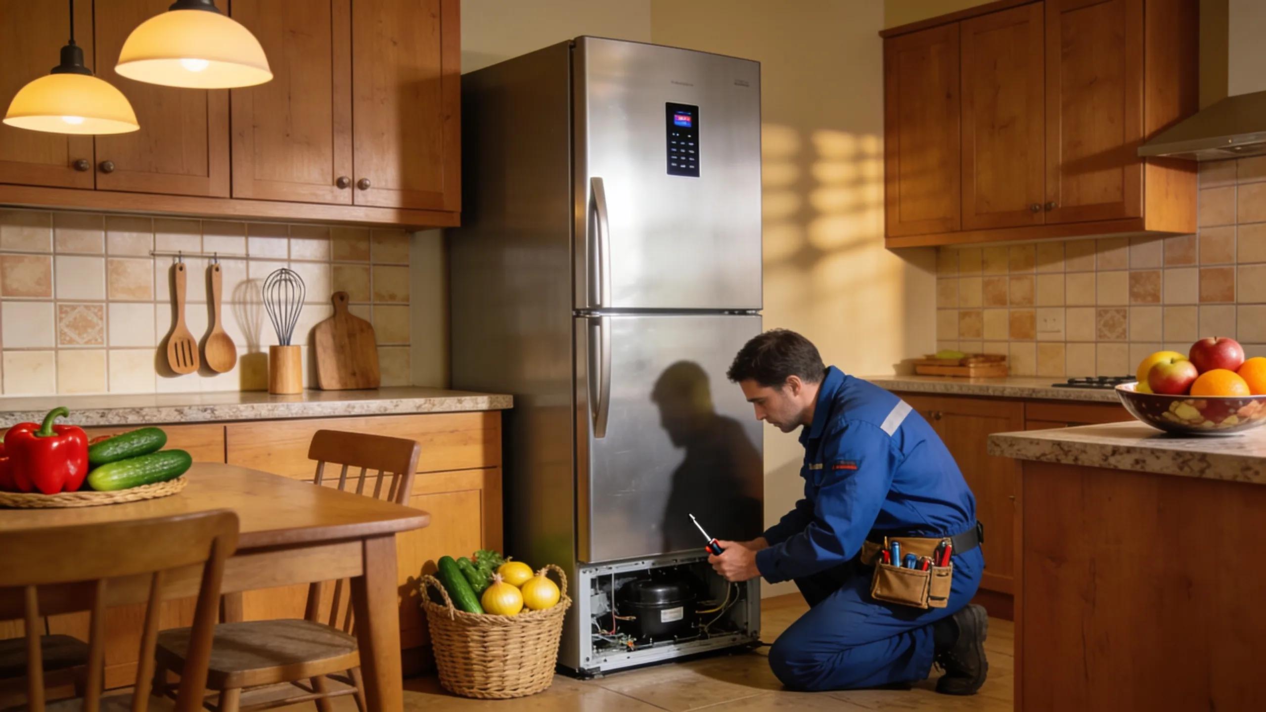 Technician inspecting a modern refrigerator in a warm kitchen highlighting emergency repair services