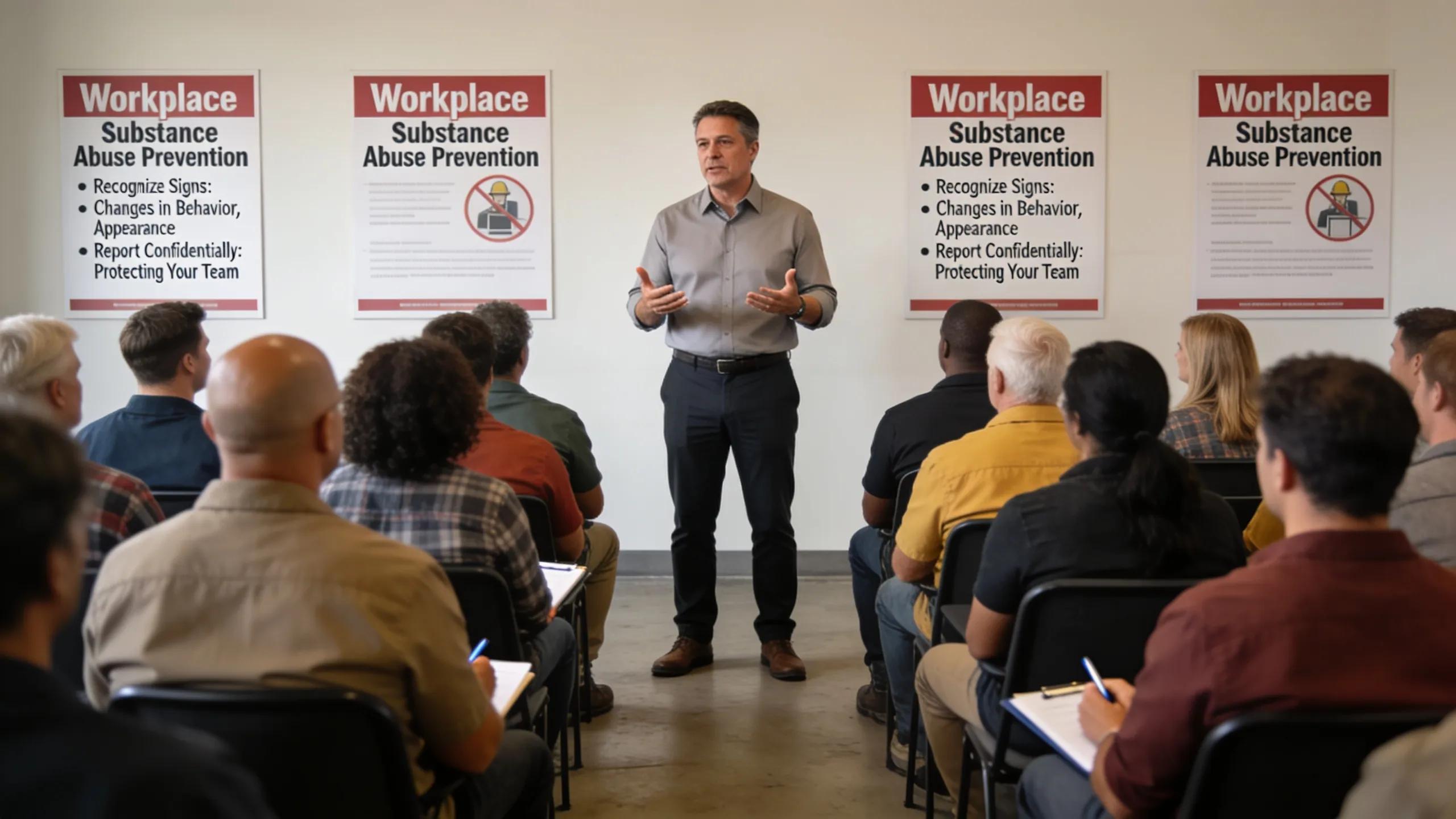 Supervisor training workers on recognizing substance abuse signs, highlighting the significance of best practices in workplace safety