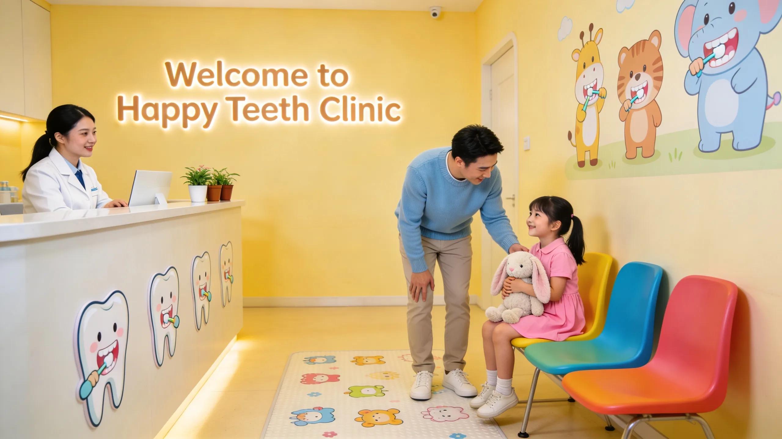Parent and child visiting a pediatric dental office, showcasing a friendly reception area