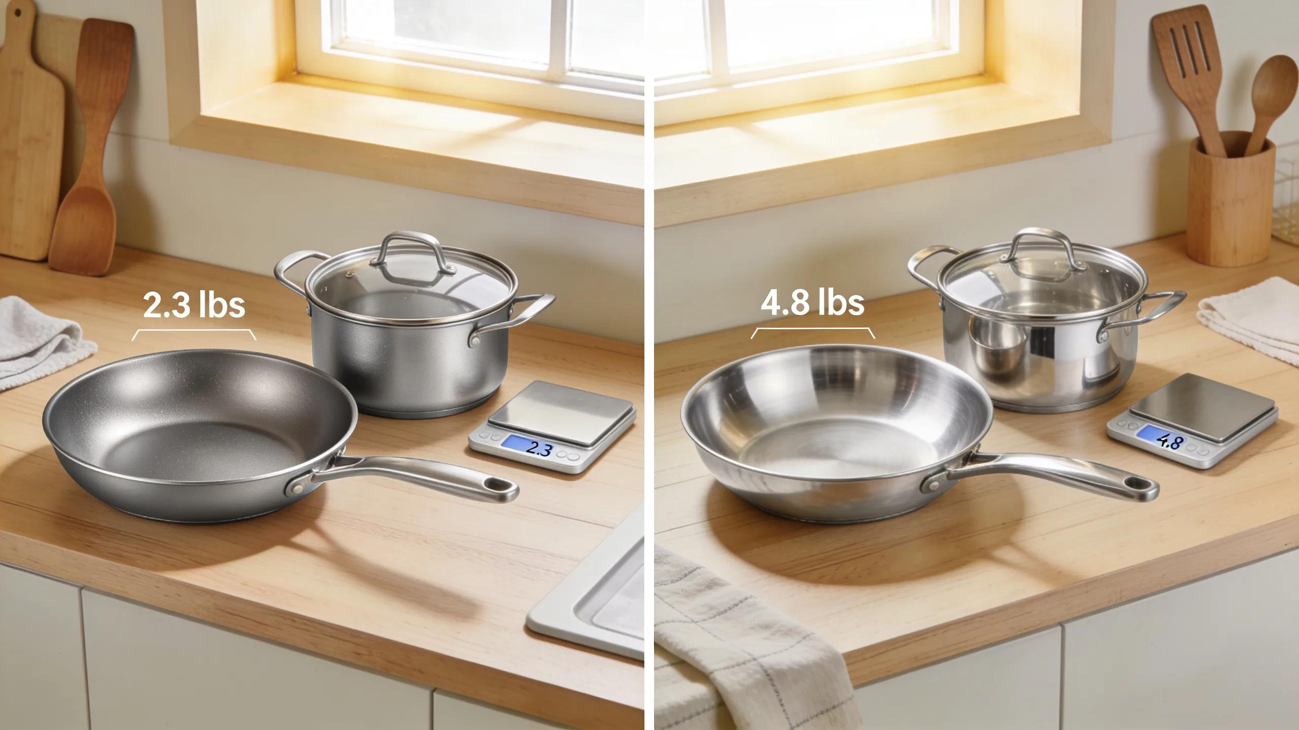Titanium and stainless steel cookware shown side by side