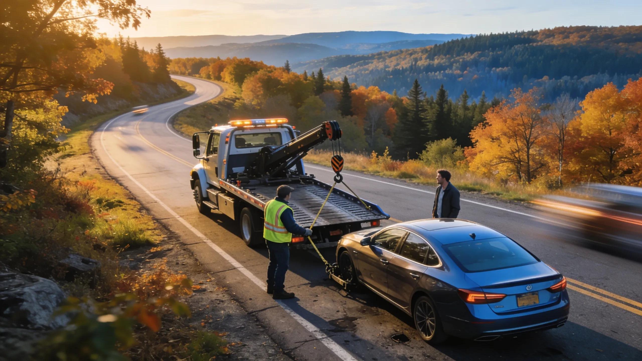 Tow truck assisting a stranded vehicle on a scenic road in Michigan, illustrating reliable emergency vehicle transport.