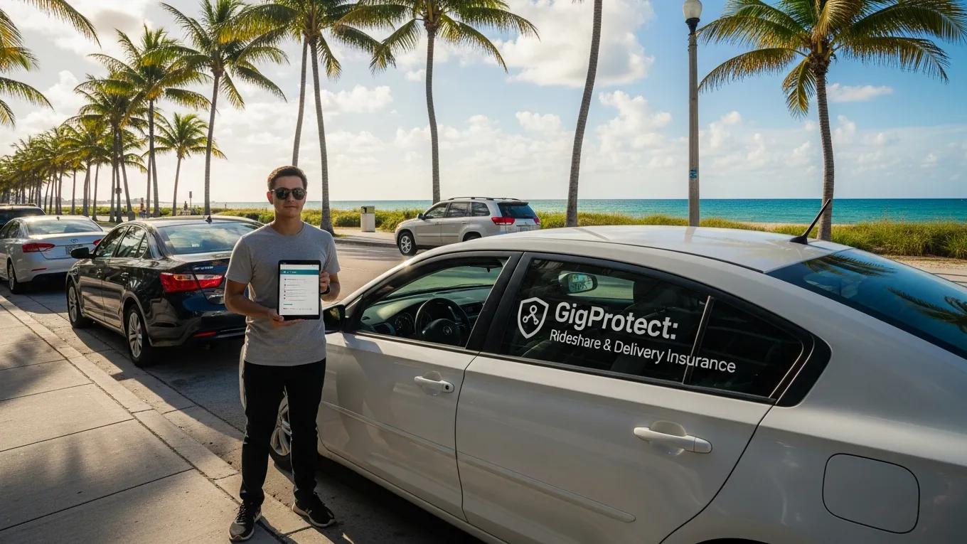 Gig worker with rental car in Fort Lauderdale, representing car rental insurance for gig economy
