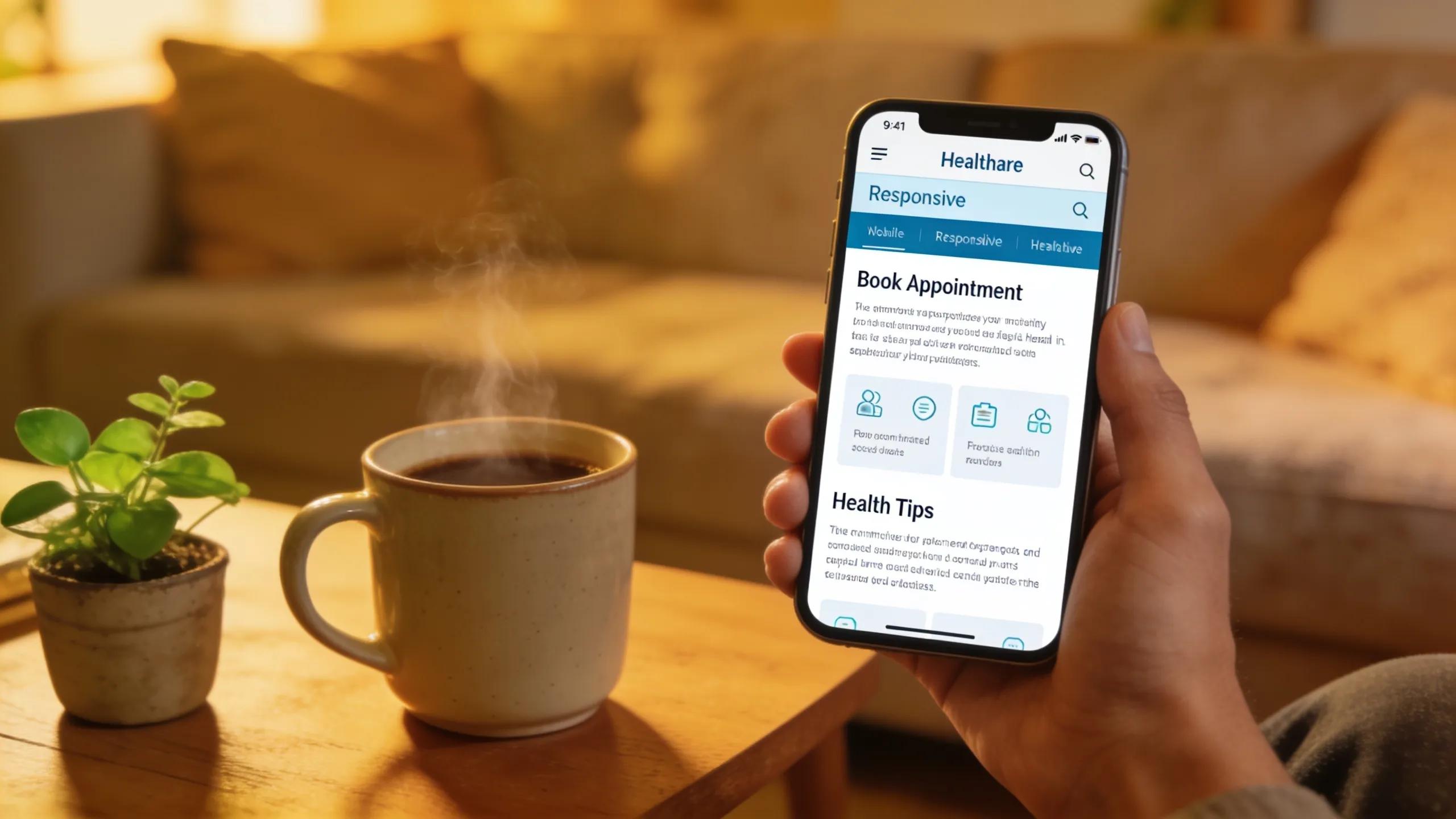 Smartphone displaying a responsive healthcare website in a cozy setting