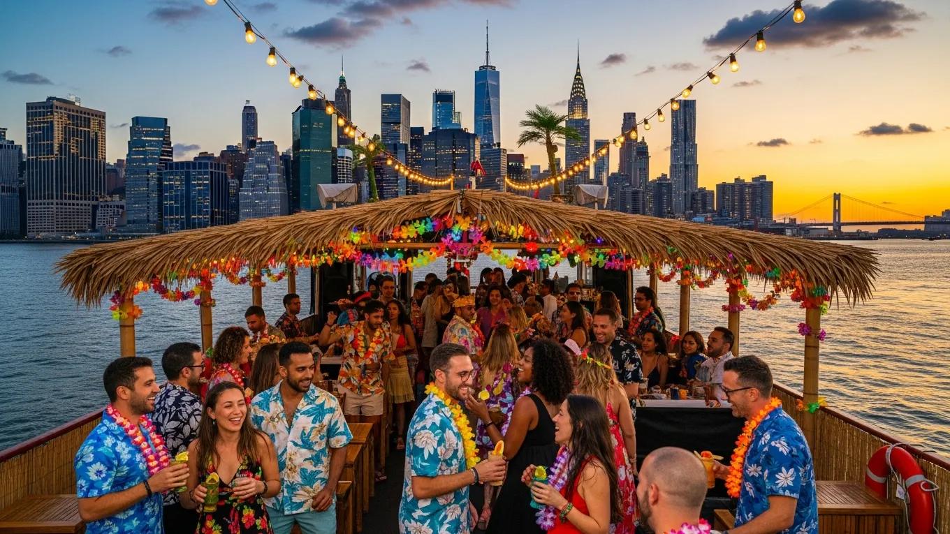 Tiki Boat cruise in NYC with guests enjoying a tropical atmosphere