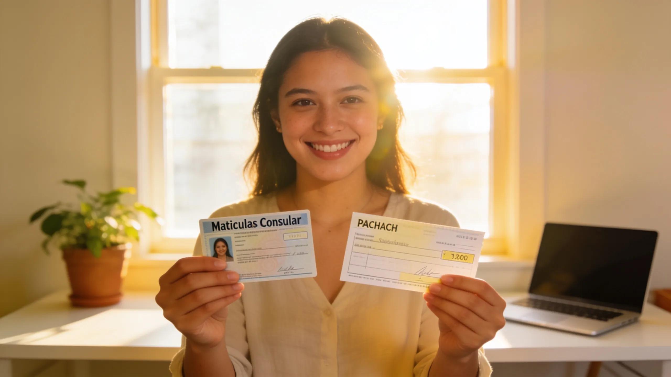 Young woman presenting proof of income and identification for payday loans
