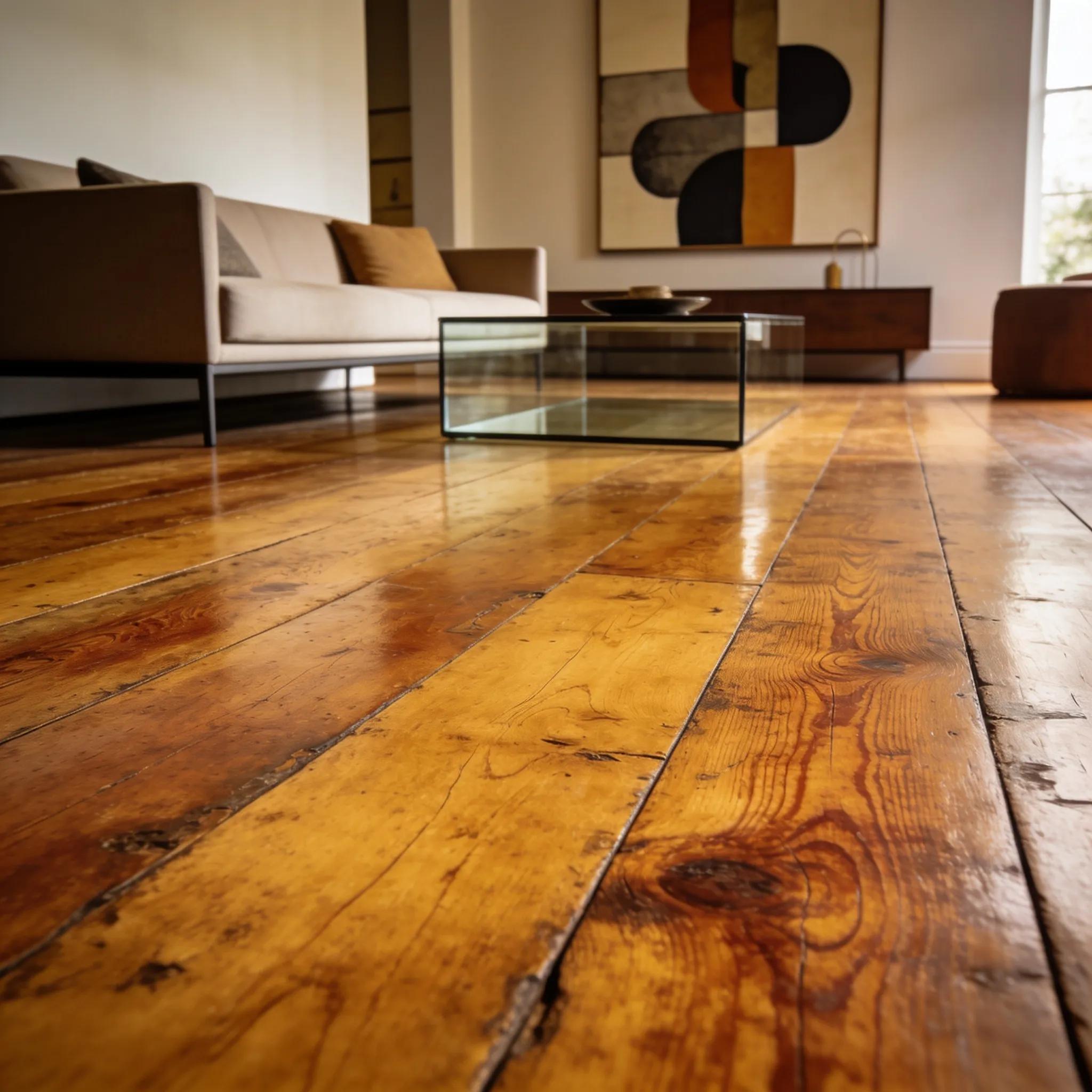 Refinished vintage hardwood revealing deep grain and character in a modern interior