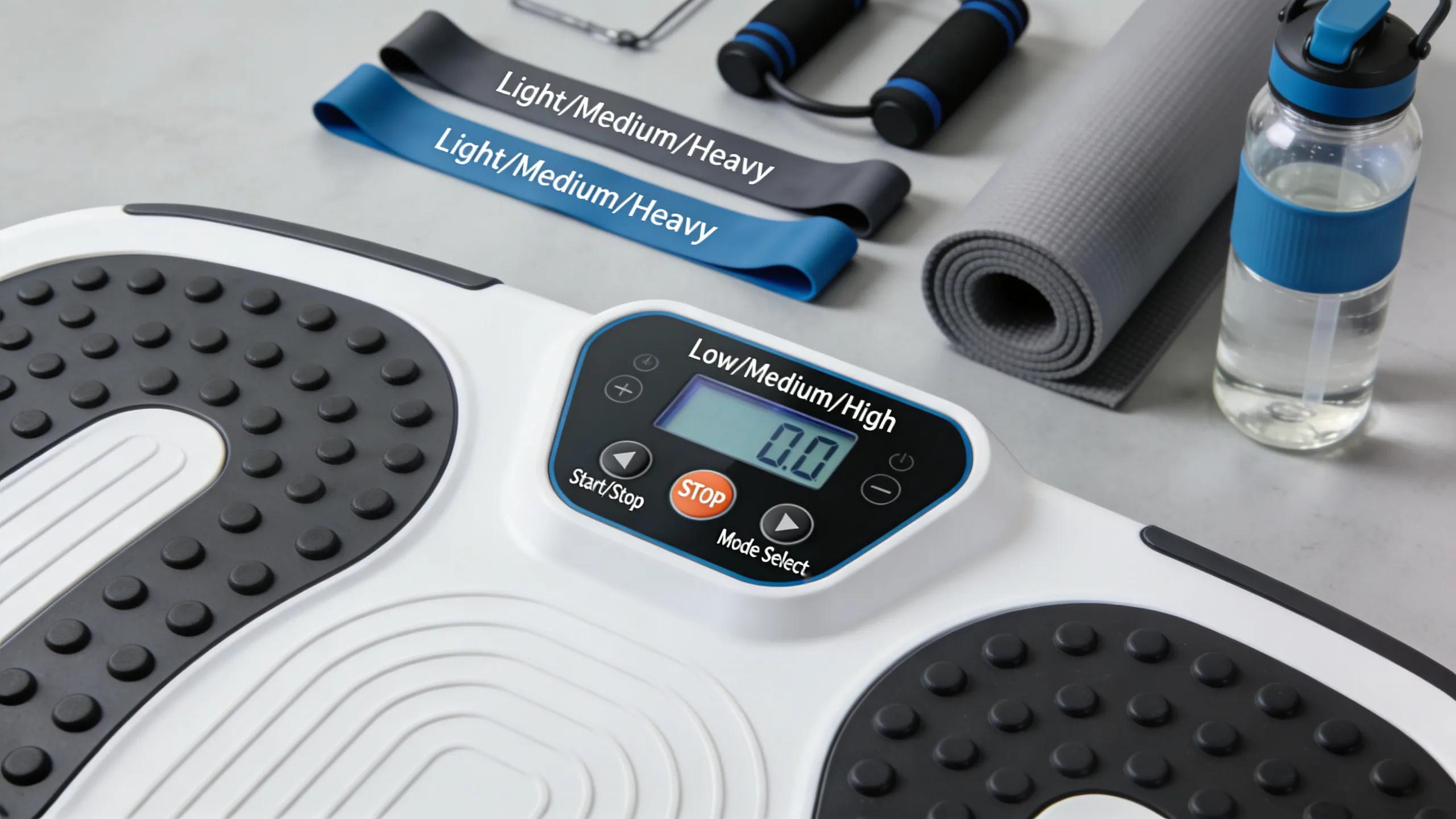 Close-up of vibration plate features showcasing motor settings and included accessories for varied workouts