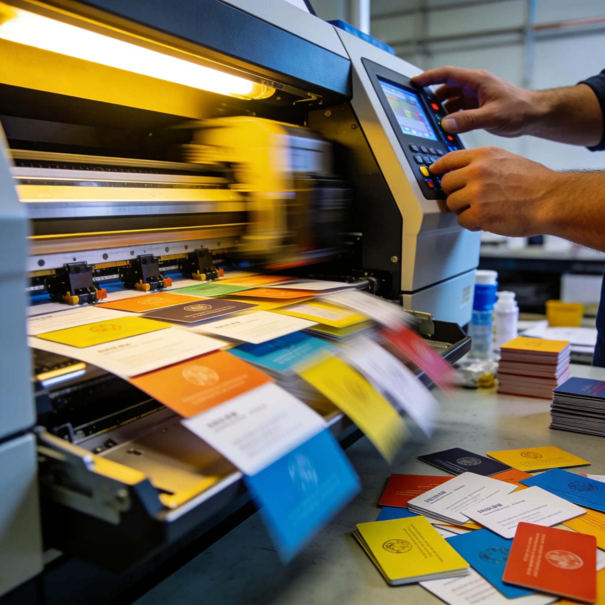 Fast printing service showing a worker operating a printer creating business cards Same day business card printing machine in action and stacks of colorful custom cards.