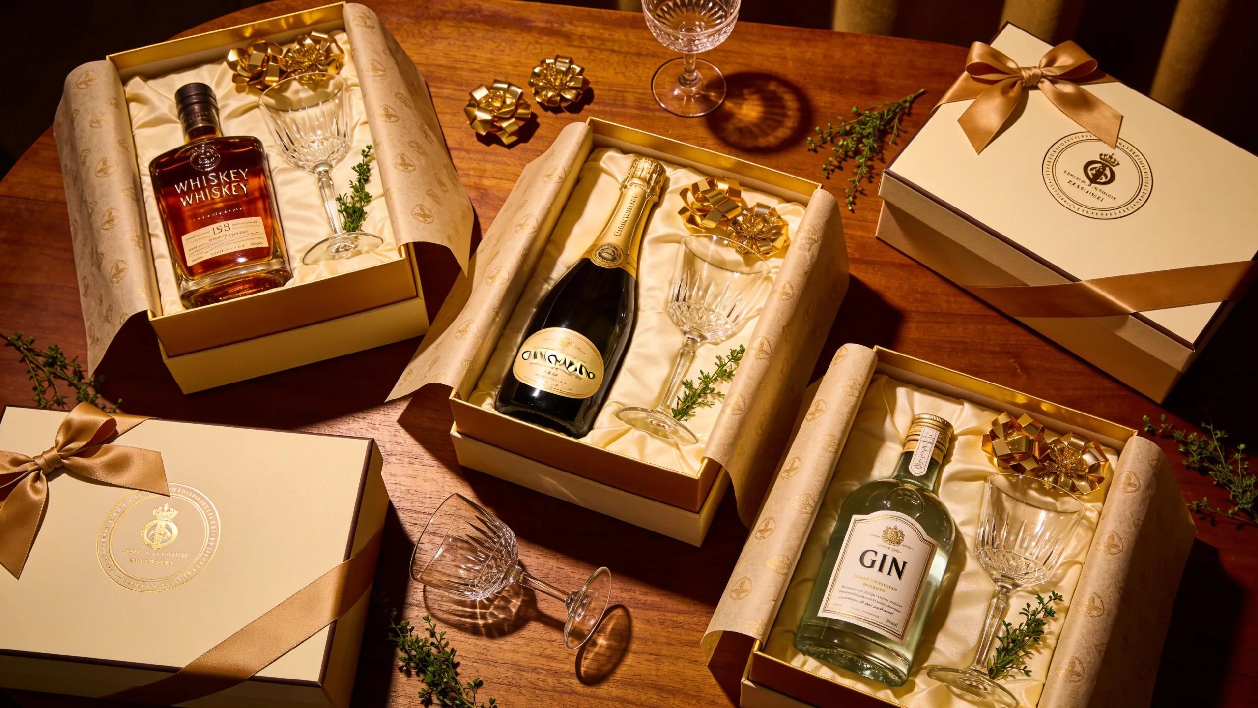 Variety of alcohol gift sets including champagne, whiskey, gin, and wine displayed elegantly in a shop