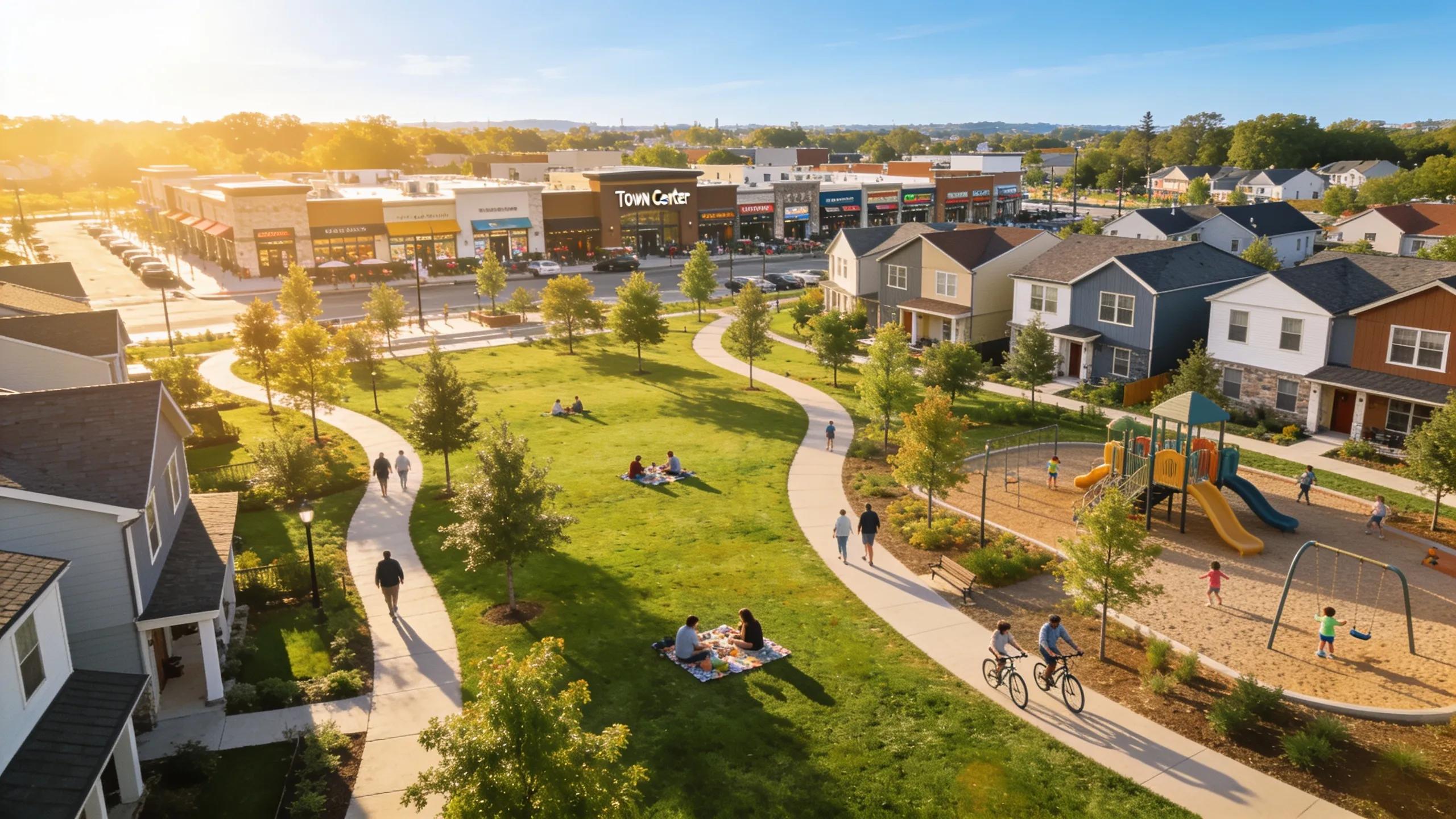 Aerial view of The Woodlands showcasing parks, neighborhoods, and Town Center