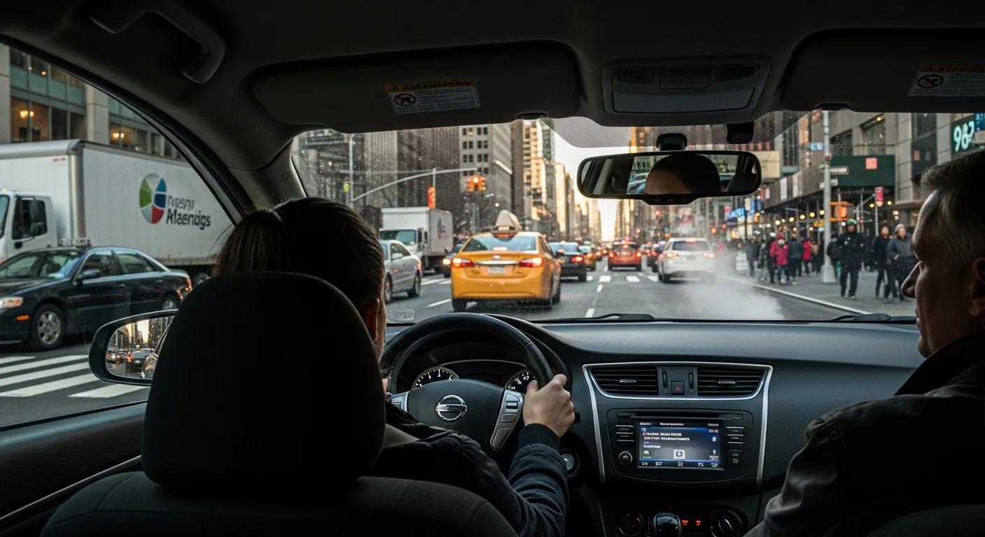 Student practicing defensive driving techniques in a busy New York City environment