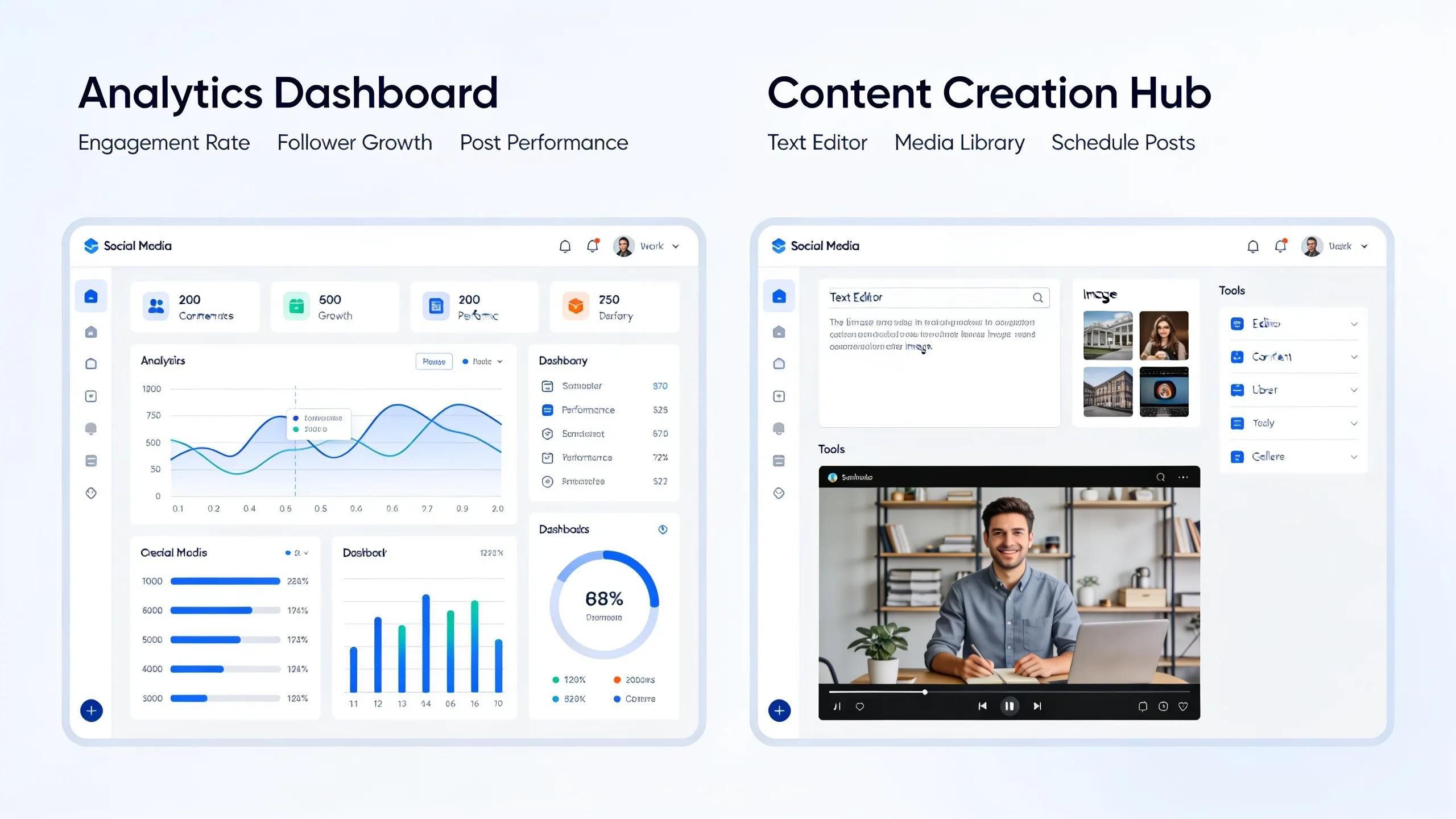 Digital workspace illustrating social media analytics and content creation tools