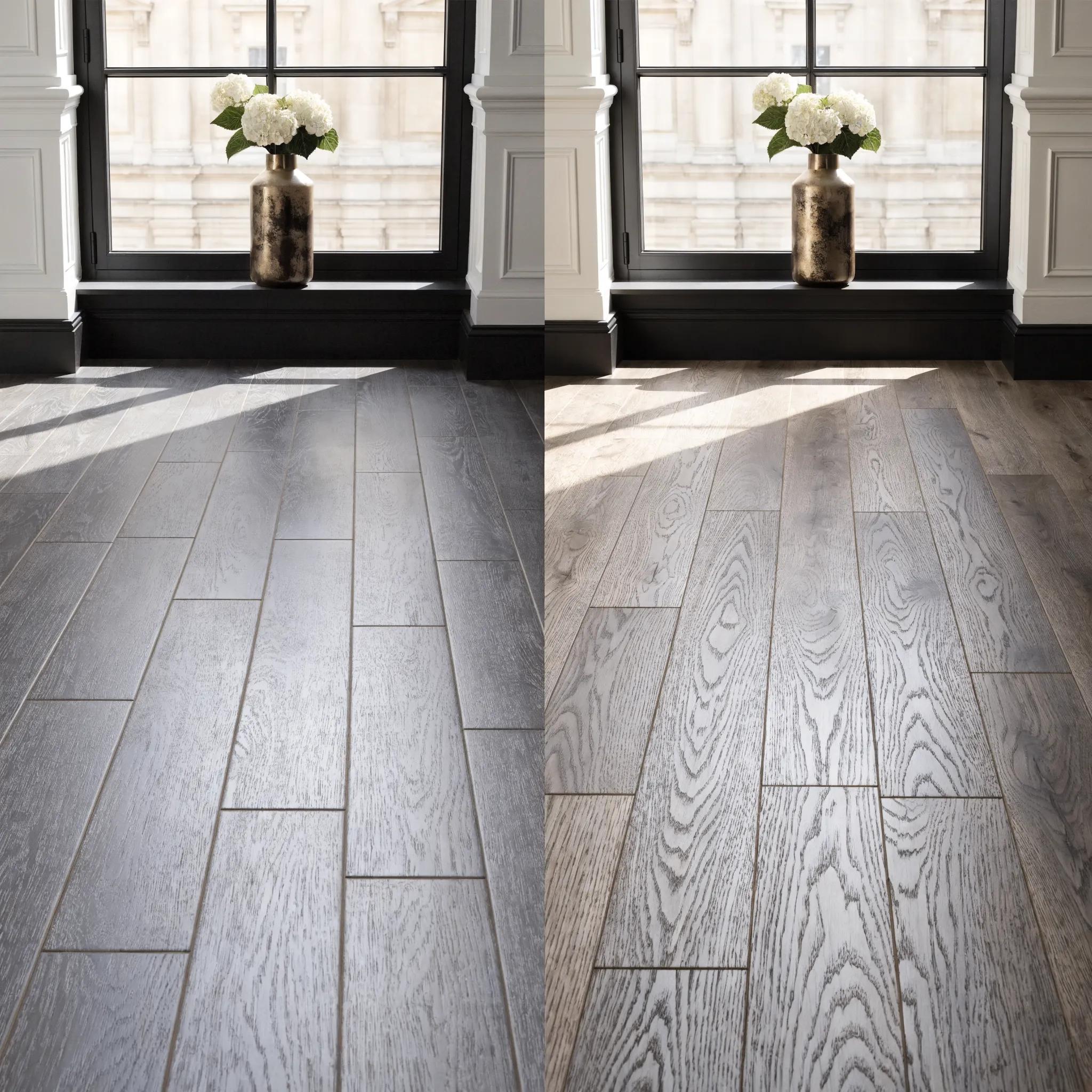 Comparison of grey laminate flooring and grey hardwood flooring samples