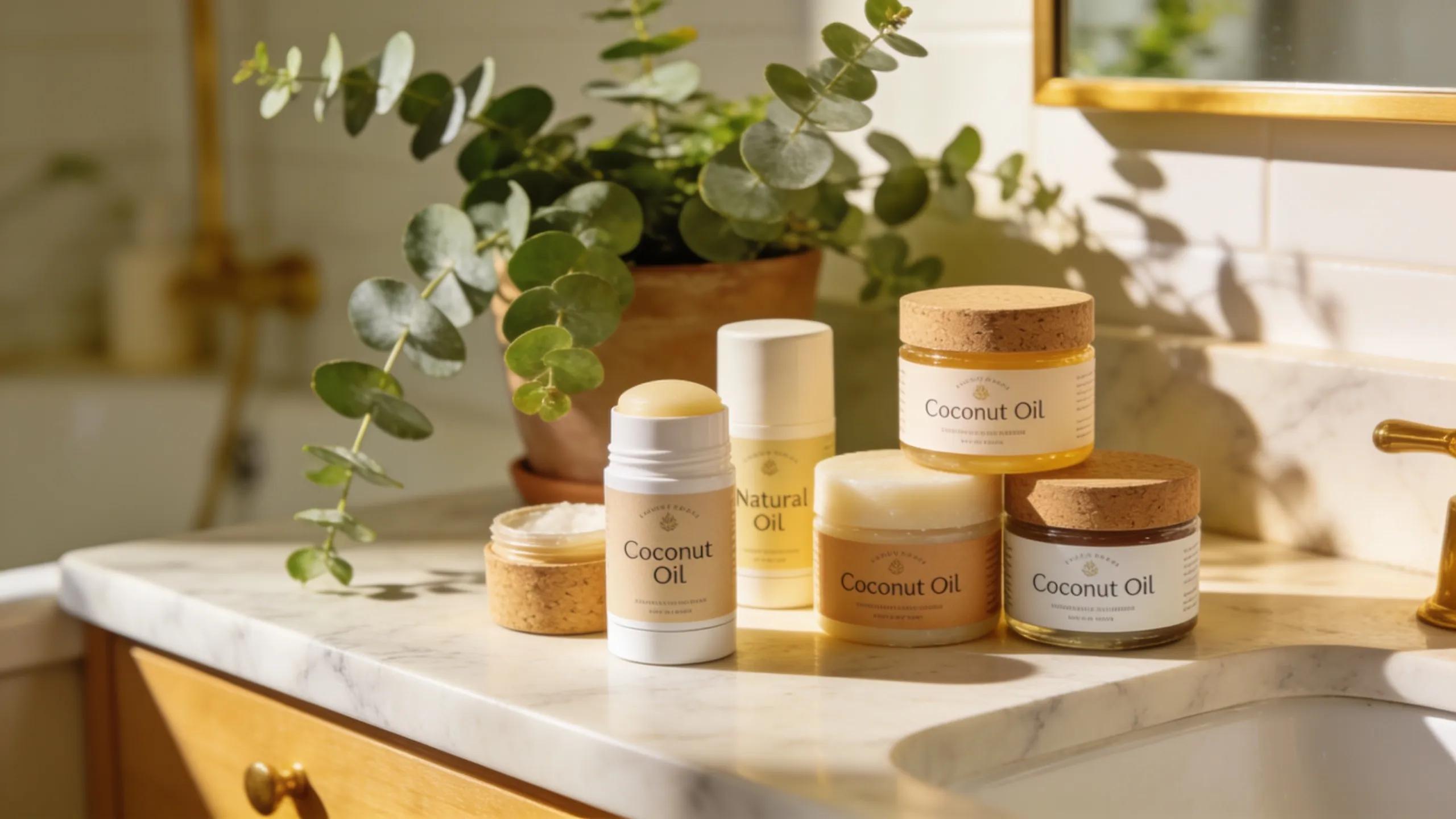 Natural deodorants made with coconut oil displayed in a fresh bathroom setting, highlighting effective and healthy personal care options.