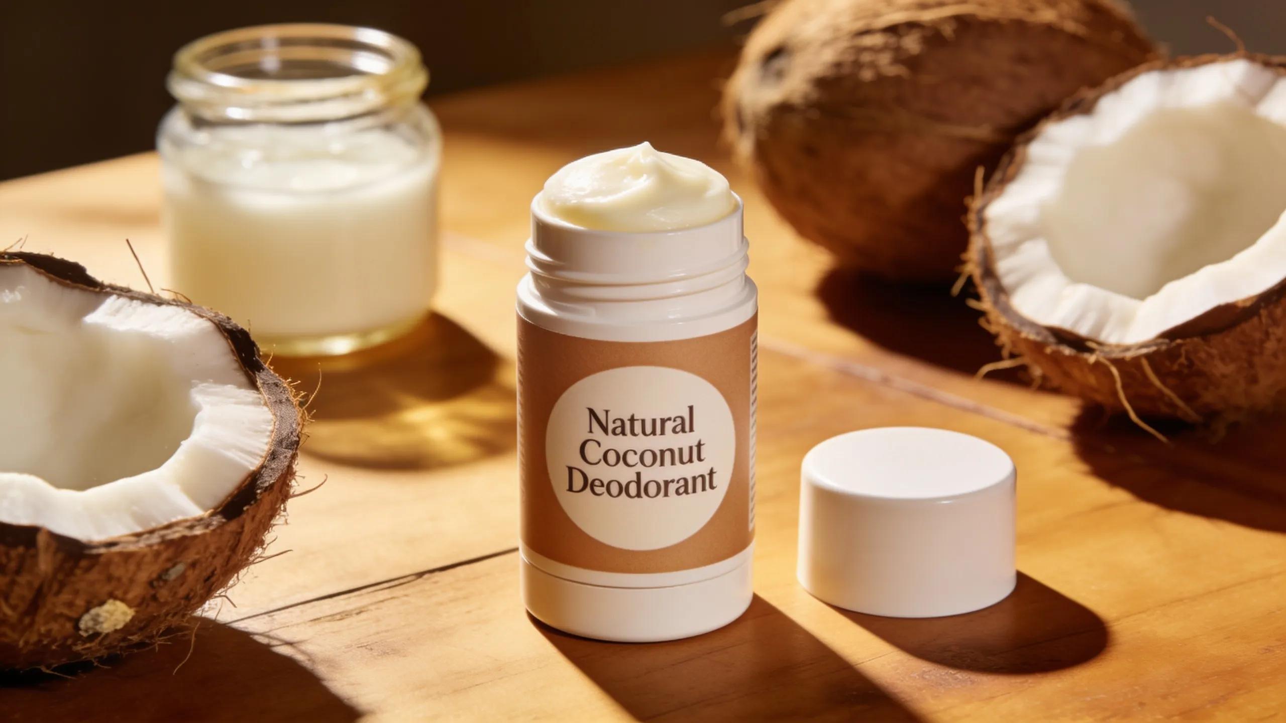 Coconut-based deodorants with fresh coconuts illustrating skin-friendly properties