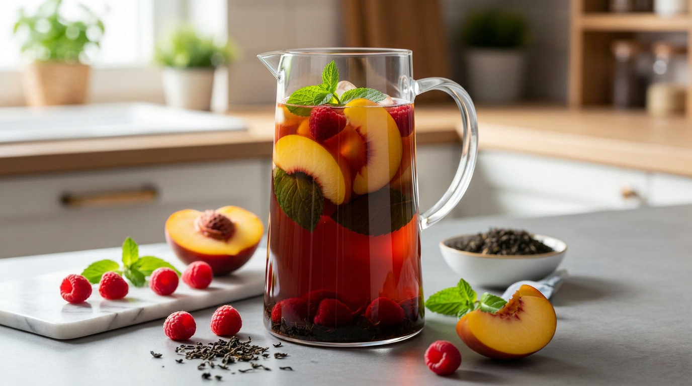 Pitcher of cold-brew tea with fresh fruit and mint