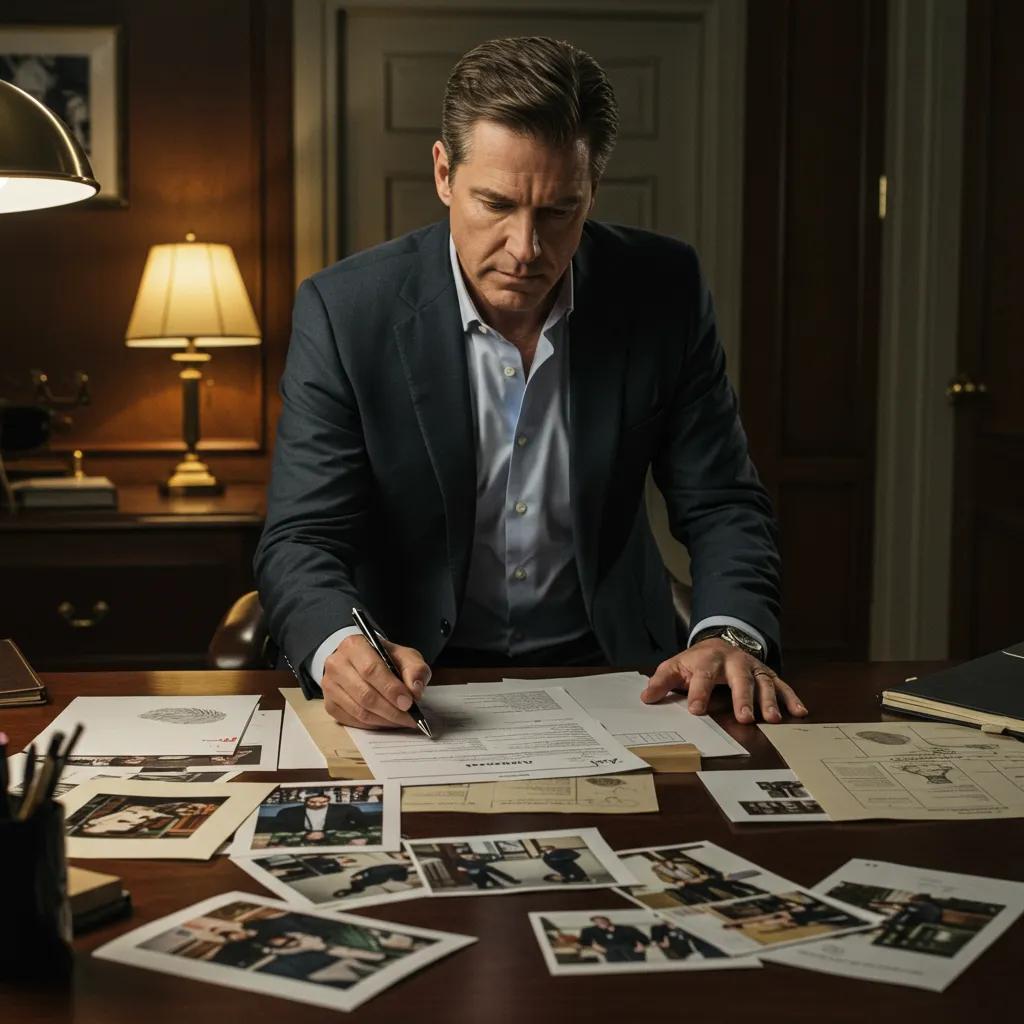 Investigator reviewing evidence in a secure office — professional case handling