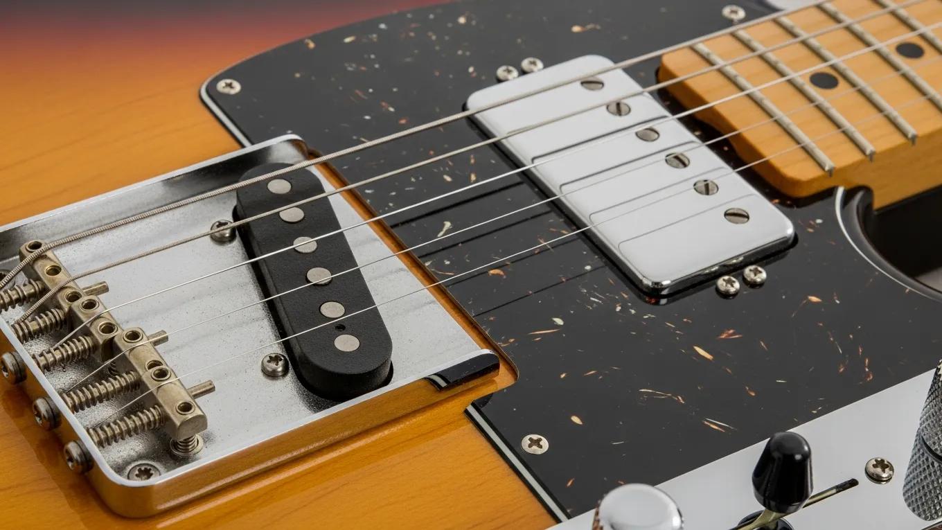 Close-up of Fender Telecaster pickups, illustrating bridge and neck positions for tonal understanding