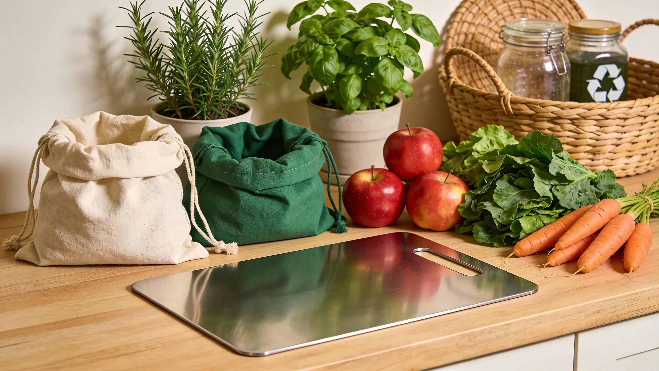 Titanium chopping board displayed alongside eco-friendly kitchen items promoting sustainability