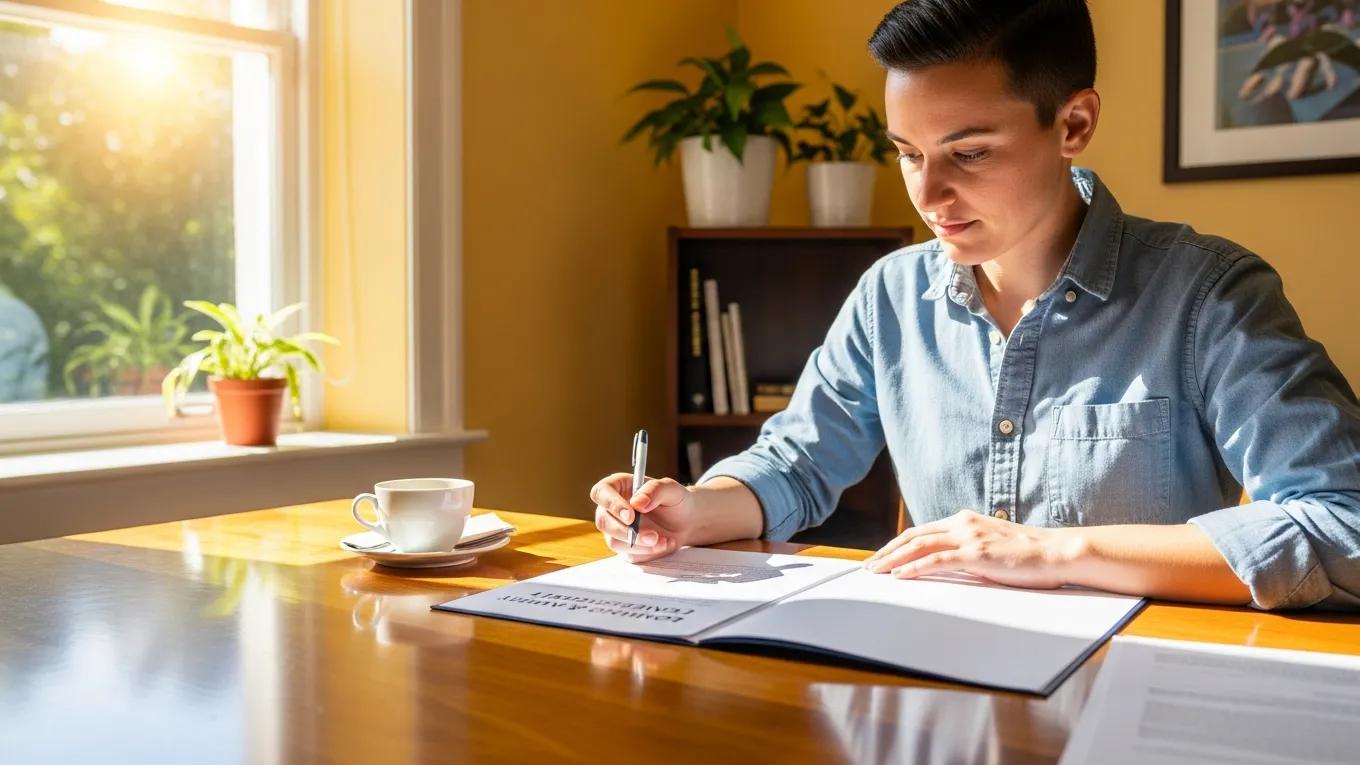 Person writing in a notebook at a table with a cup of coffee, sunlight streaming through a window, illustrating the process of applying for fast online loans in California.