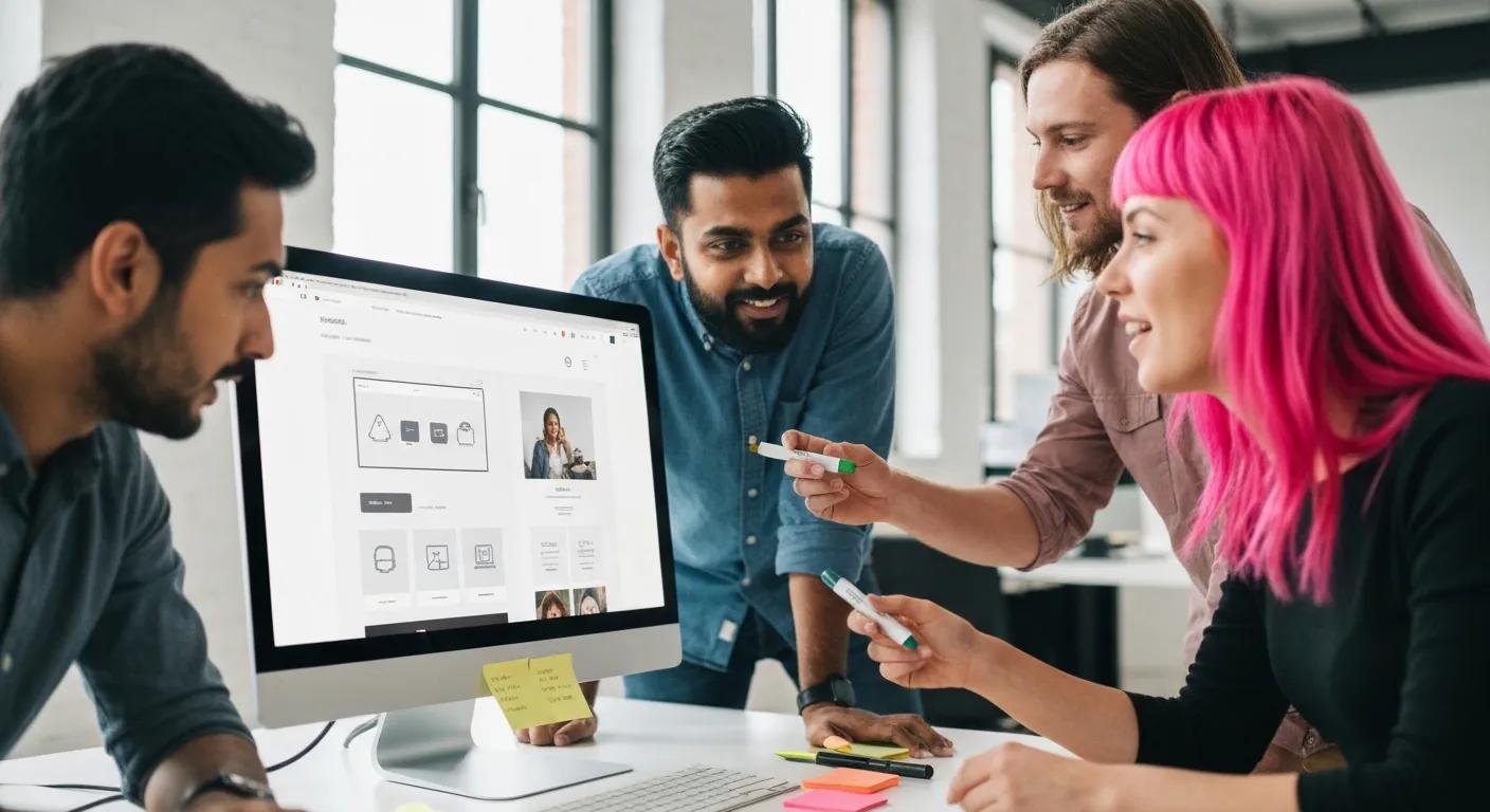 A team of designers collaborating over a website layout on screen A team of designers collaborating over a website layout on screen