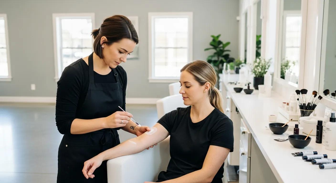 Technician conducting a patch test before eyebrow tinting in a clean salon setting