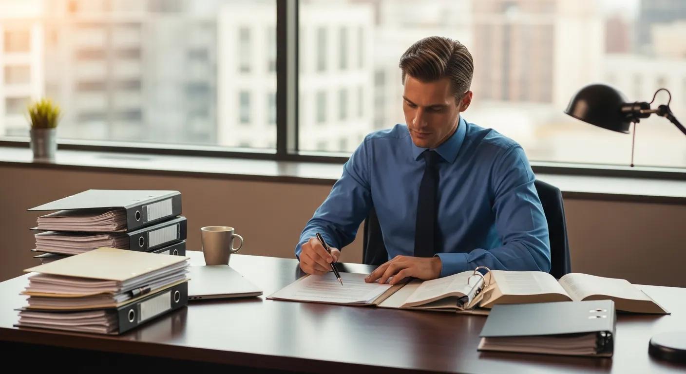 Legal professional reviewing collateral file documents in an organized office environment