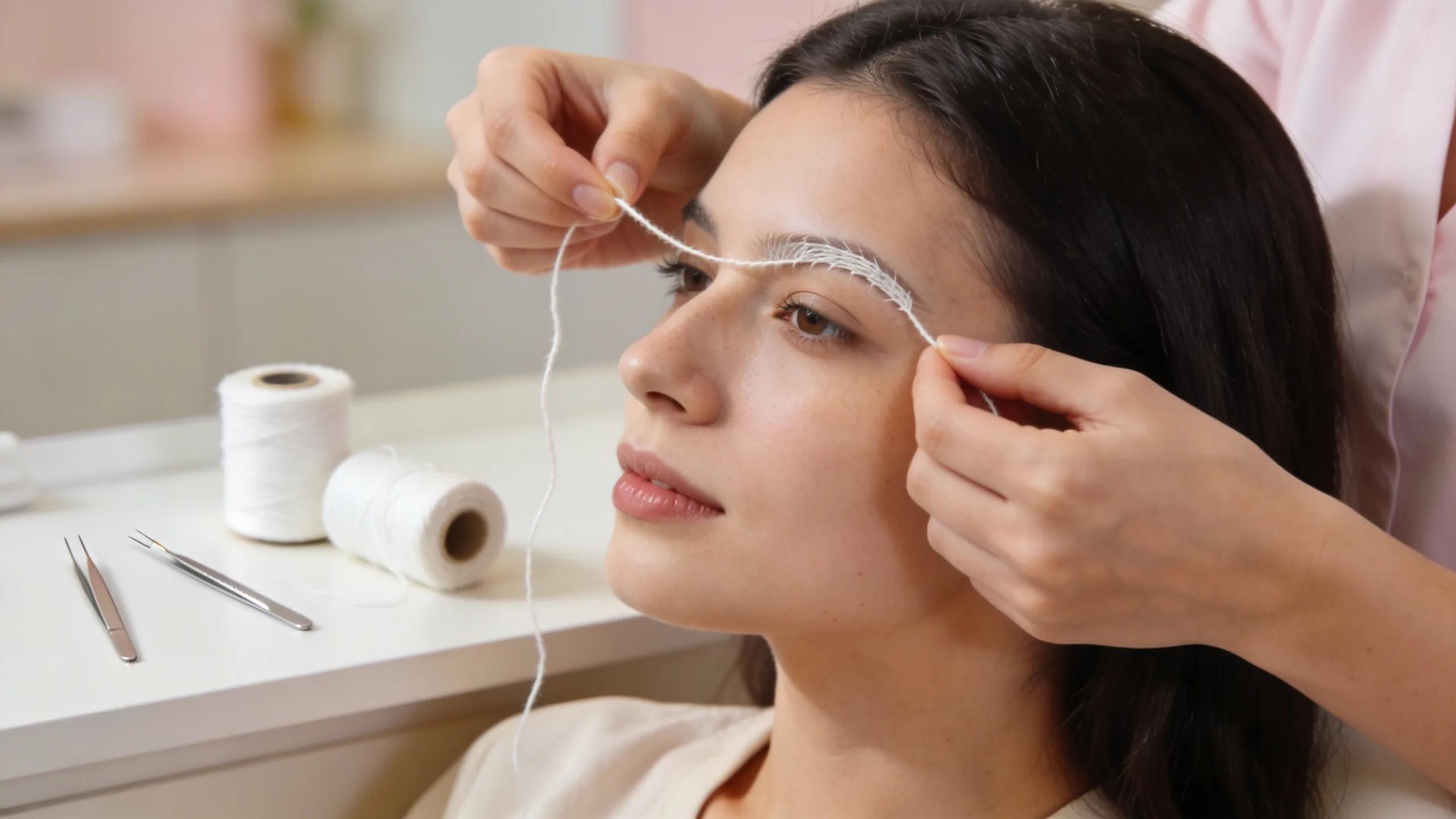 Client receiving full face threading in a serene beauty salon setting