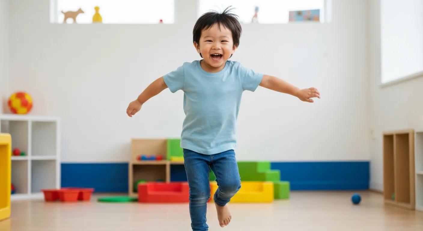 Create a realistic, high-resolution photo of a young child (age 2–6) full of energy — running, jumping, laughing, or playing actively in a bright, child-friendly environment. The scene should capture joyful movement, curiosity, and natural high energy.