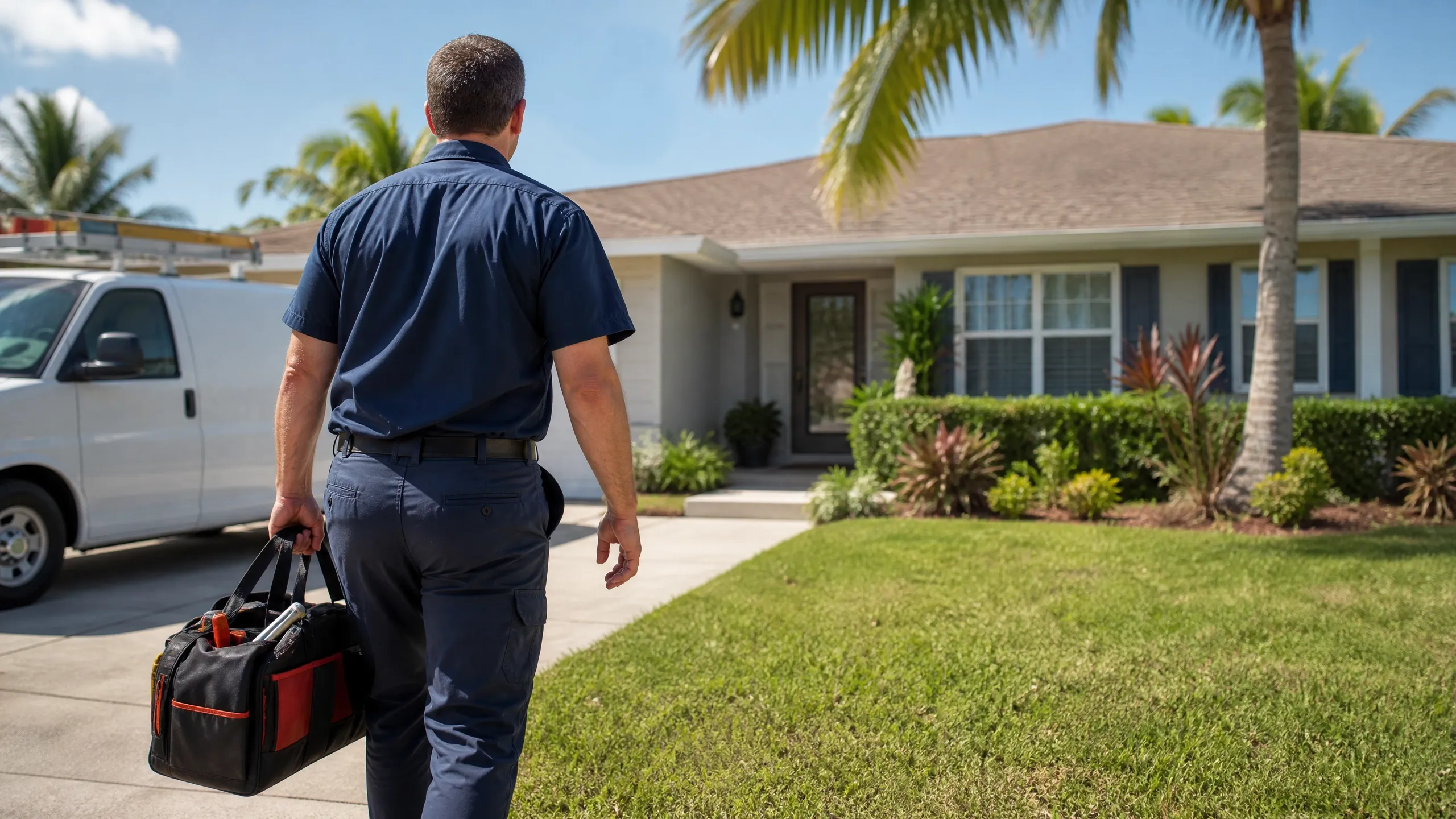 HVAC technician carrying a tool bag up the driveway to a Florida home, service van parked behind