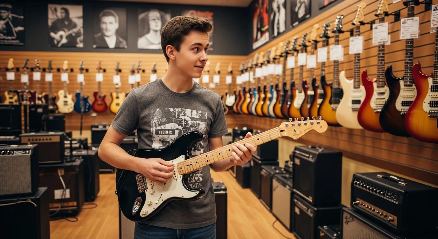 Beginner guitarist exploring electric guitar options in a music store