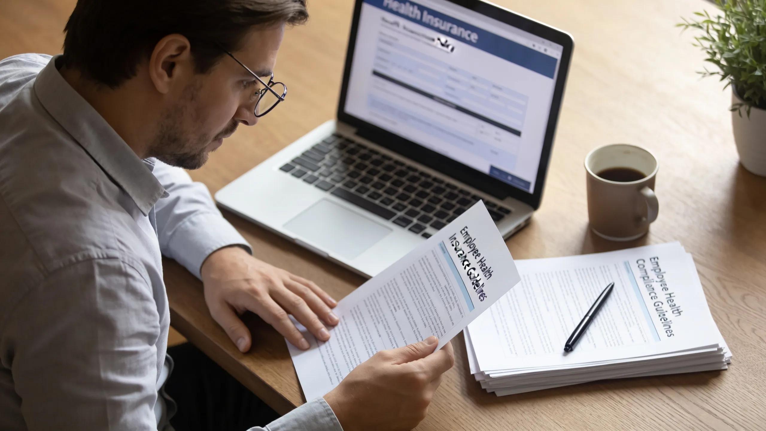 Business owner reviewing employee health insurance compliance regulations