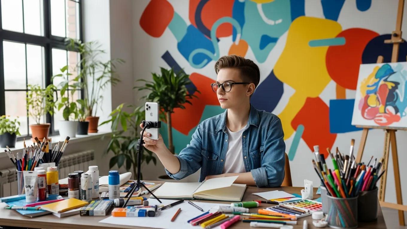 Person in a creative workspace holding a smartphone, surrounded by art supplies, illustrating content creation and visual storytelling for social media advertising.