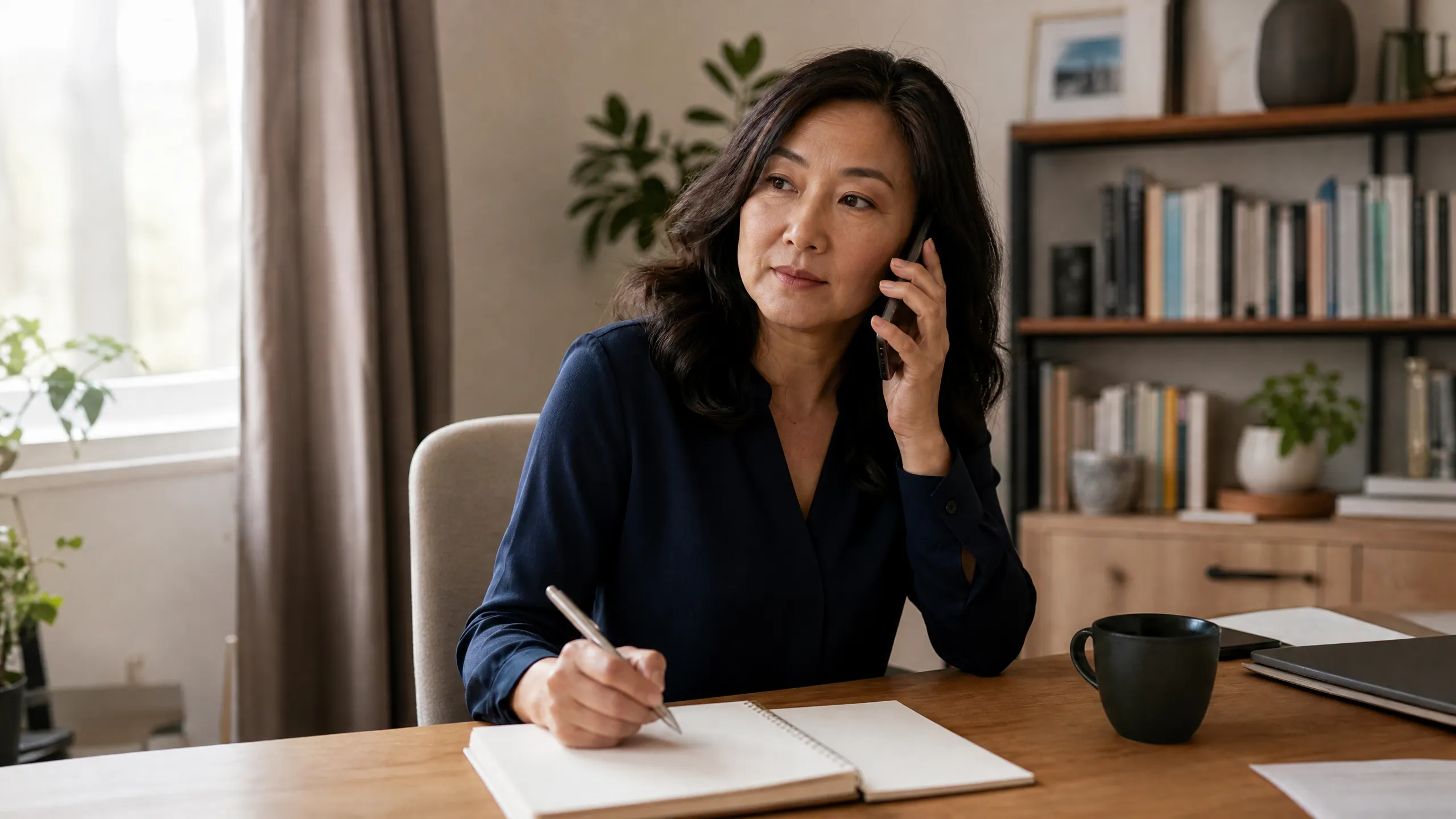 Woman in her 40s on a phone call at a home desk, notepad and pen in front of her