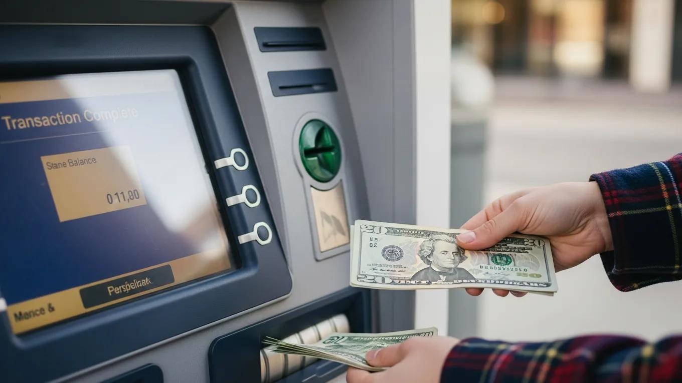 Person withdrawing cash from an ATM, holding multiple twenty-dollar bills, with a transaction complete message displayed on the screen, relevant to fast cash advances and payday loans in California.