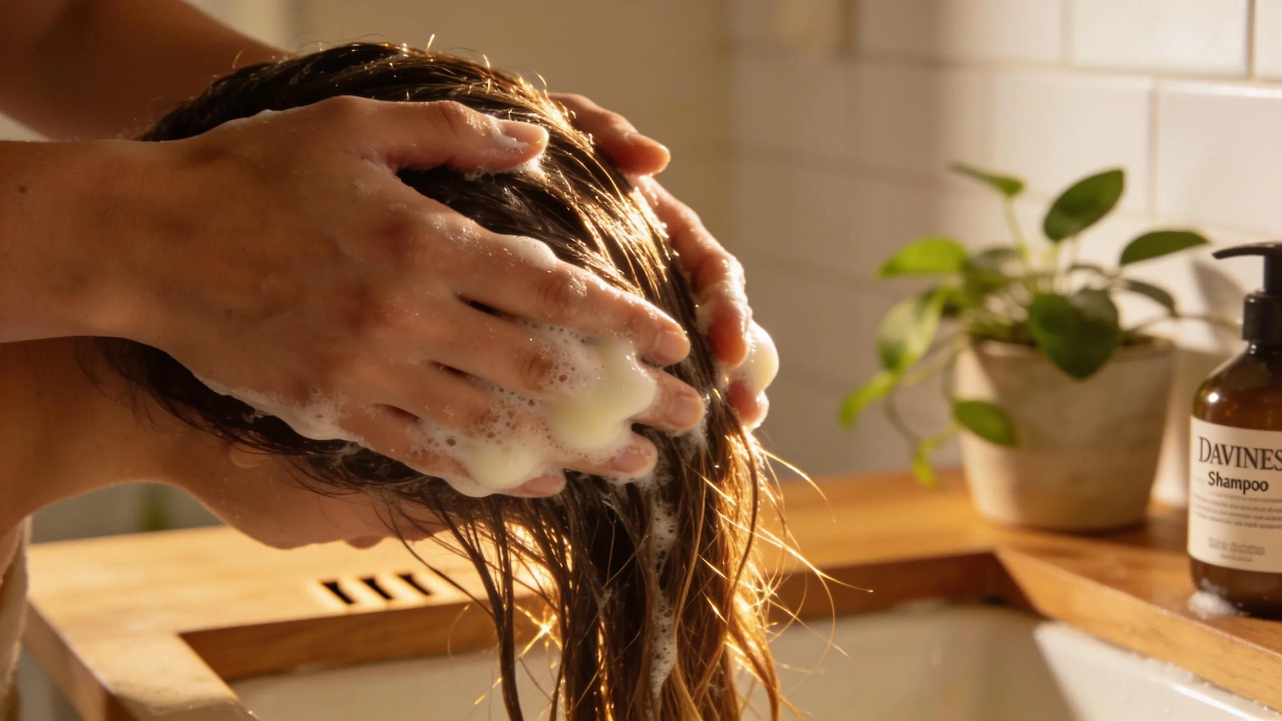 User applying Davines shampoo to dry scalp, emphasising benefits of hydration and nourishment in a serene bathroom setting
