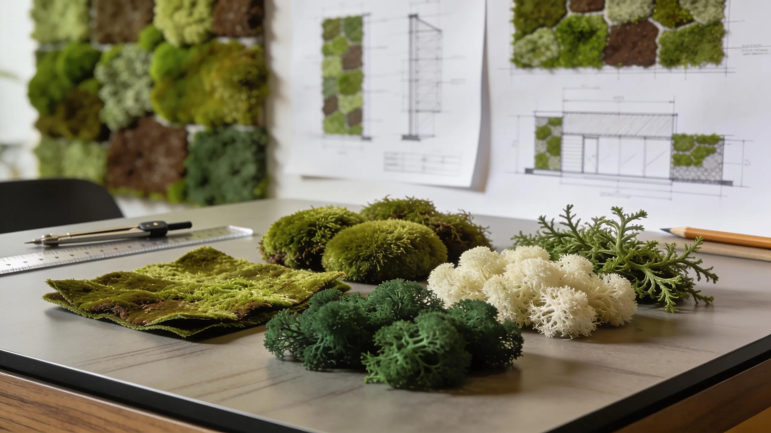 Different moss types and design materials for implementing custom moss walls in business interiors.