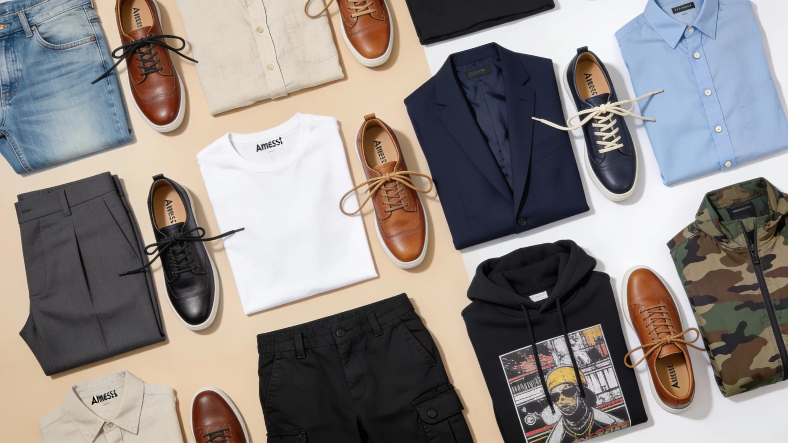 Flat lay of trendy outfits styled with Ameise leather sneakers showcasing various fashion combinations