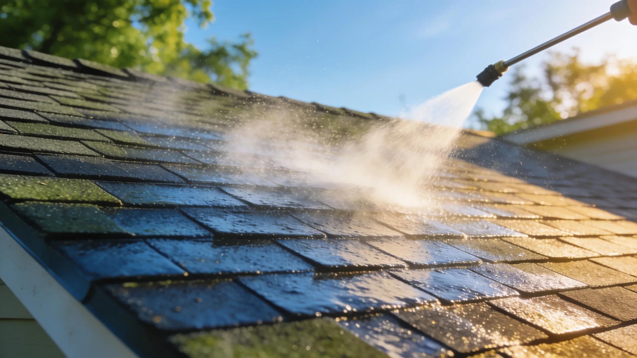 Gentle soft washing technique cleaning a roof while preserving shingles and the environment