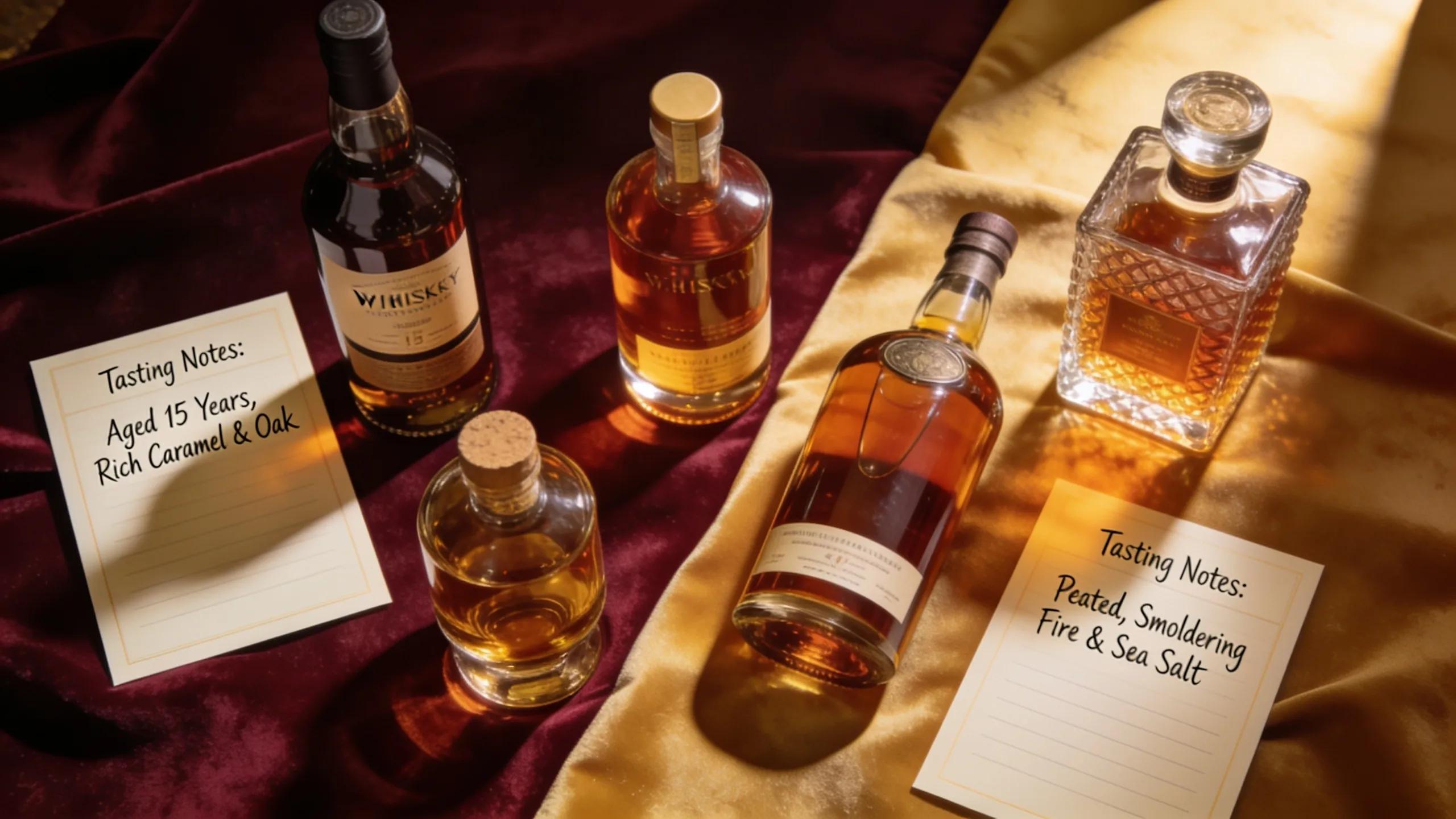 Curated selection of premium whiskey varieties showcasing luxury gifts with tasting notes in a sophisticated arrangement