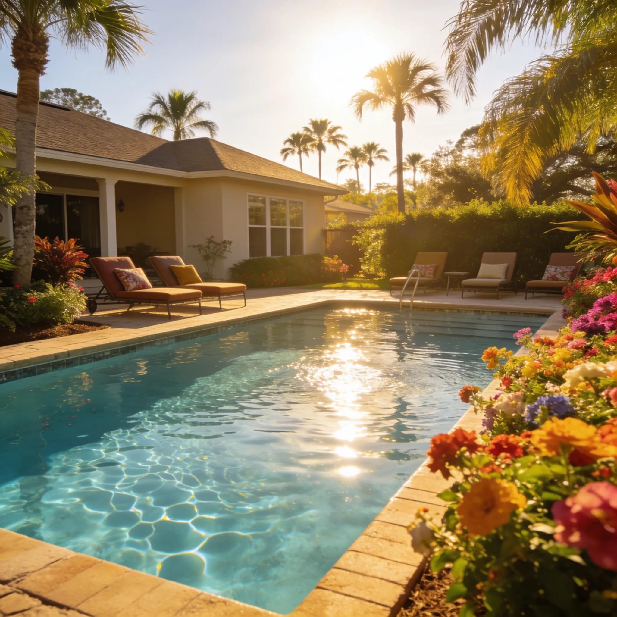 Residential swimming pool with tropical landscaping in Palm Coast representing snowbird pool care services