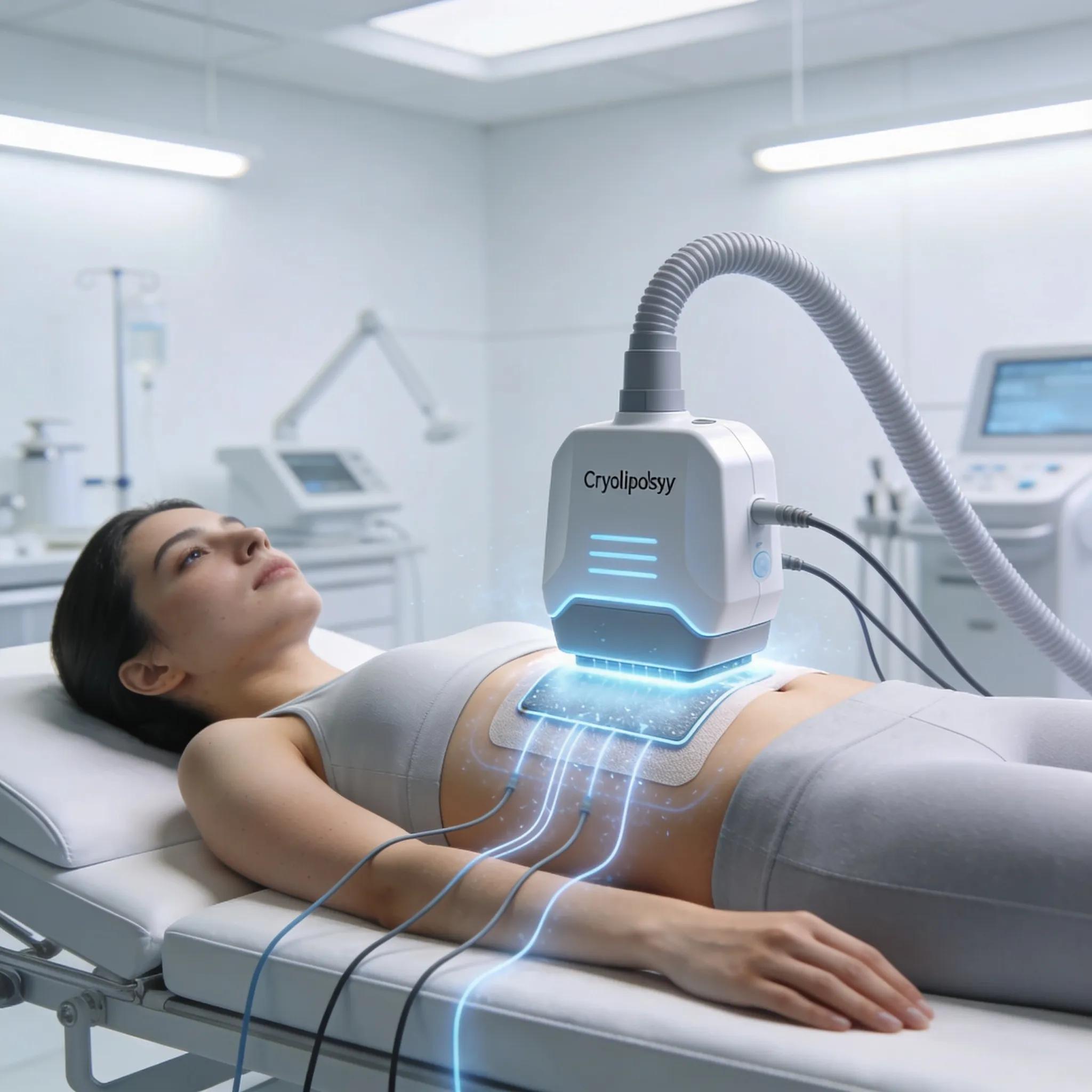 Patient undergoing cryolipolysis treatment with a fat freezing machine in a clinical setting