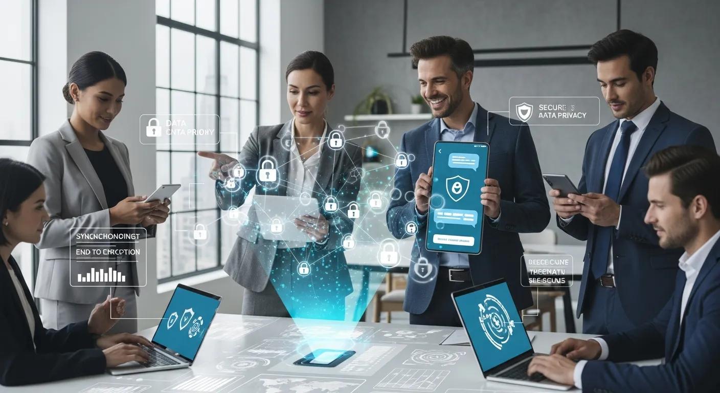 Business professionals in a modern office using mobile devices, emphasizing data security and collaboration