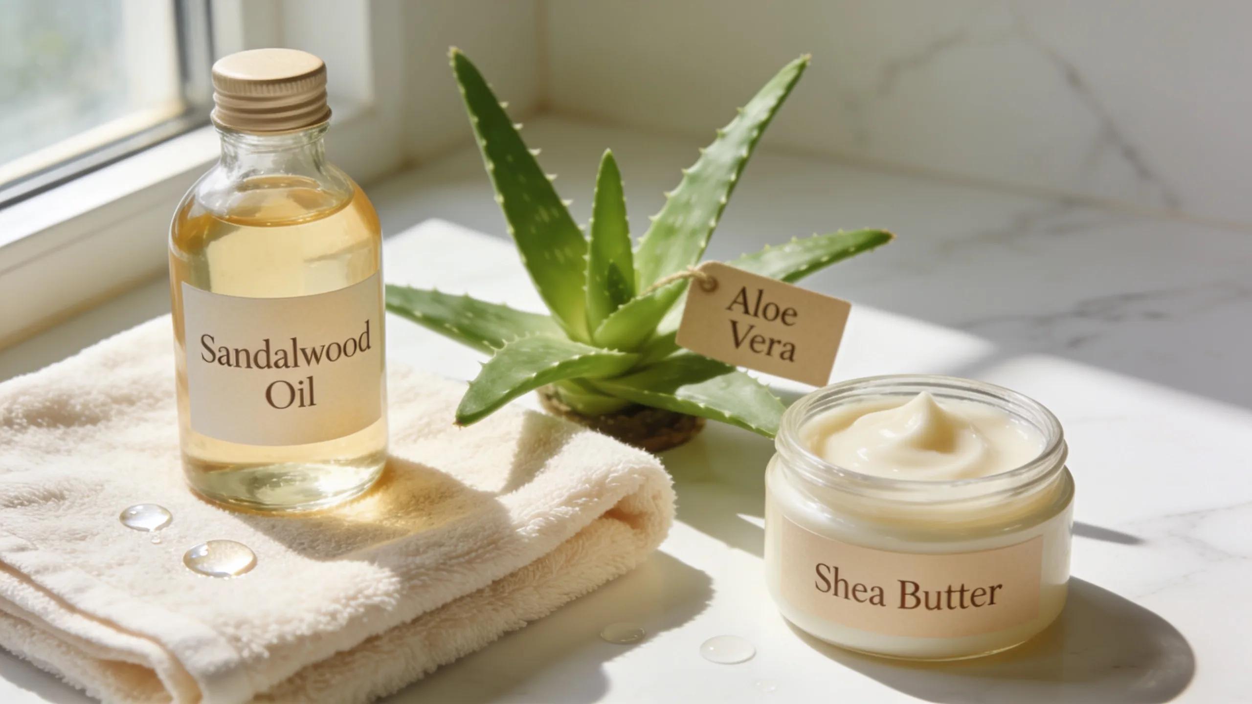 Skincare products featuring sandalwood oil highlighting its moisturizing and soothing benefits