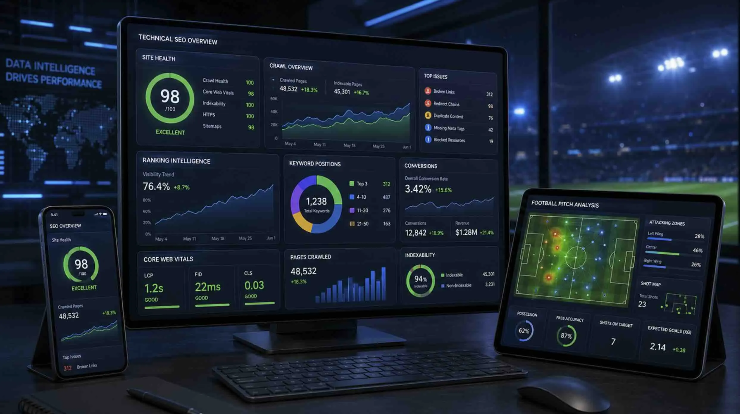 Technical SEO elements related to gambling websites, showcasing a digital interface with SEO analytics and gaming themes