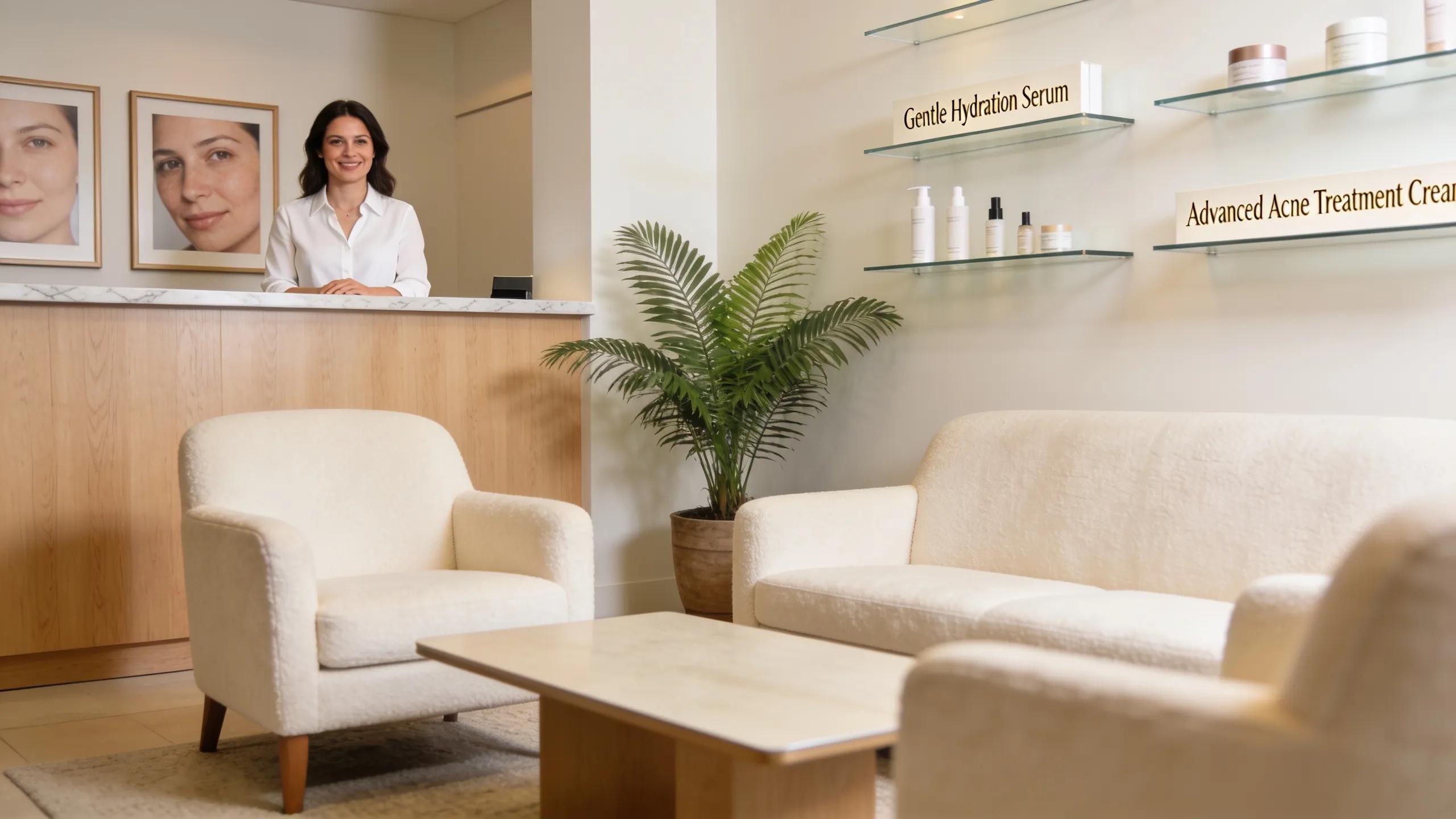 Welcoming dermatology clinic reception area in Beverly Hills, emphasizing skincare and acne scar treatment