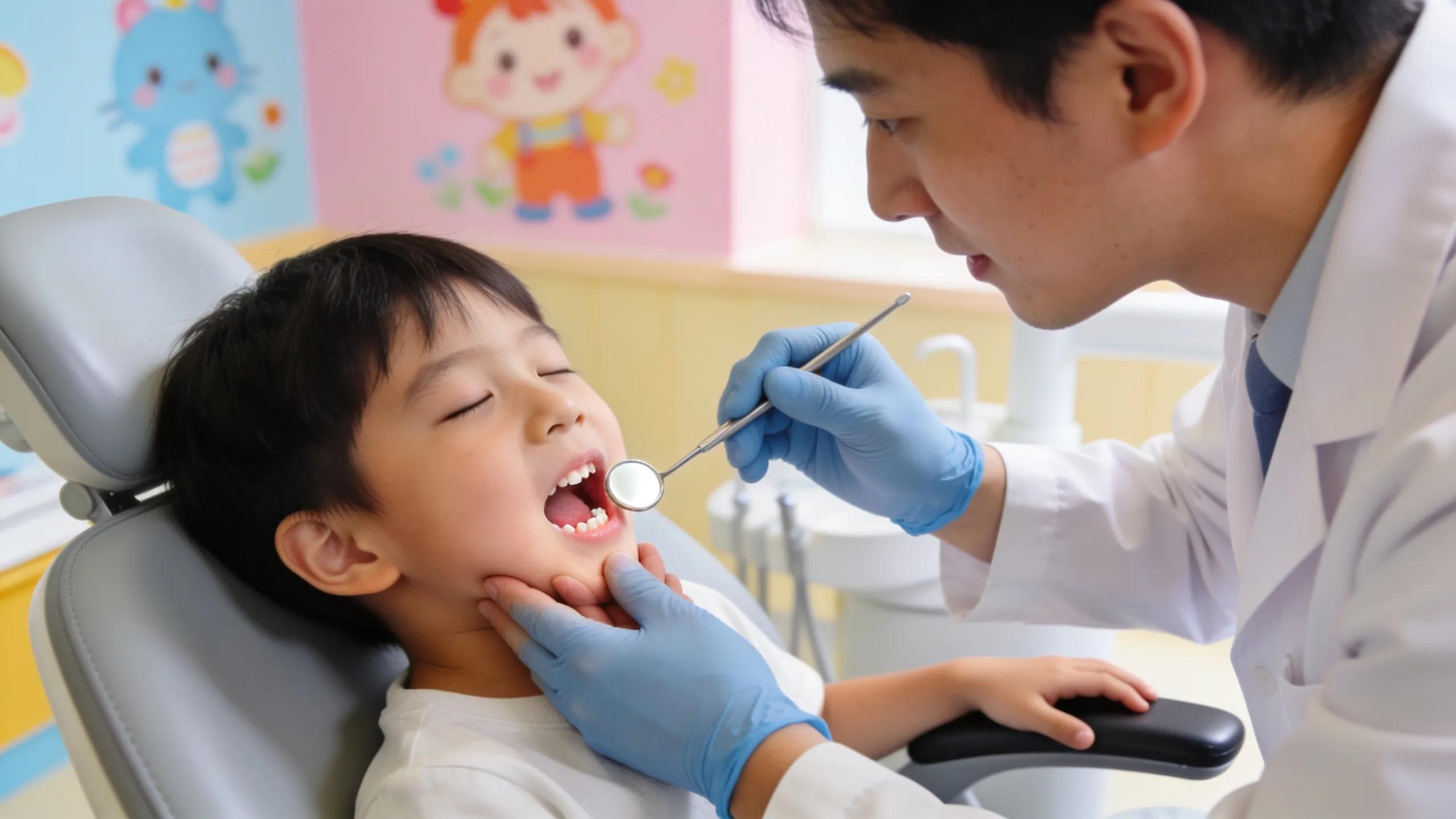 Pediatric dentist examining a child's teeth, showcasing key signs for early orthodontic evaluation age 7