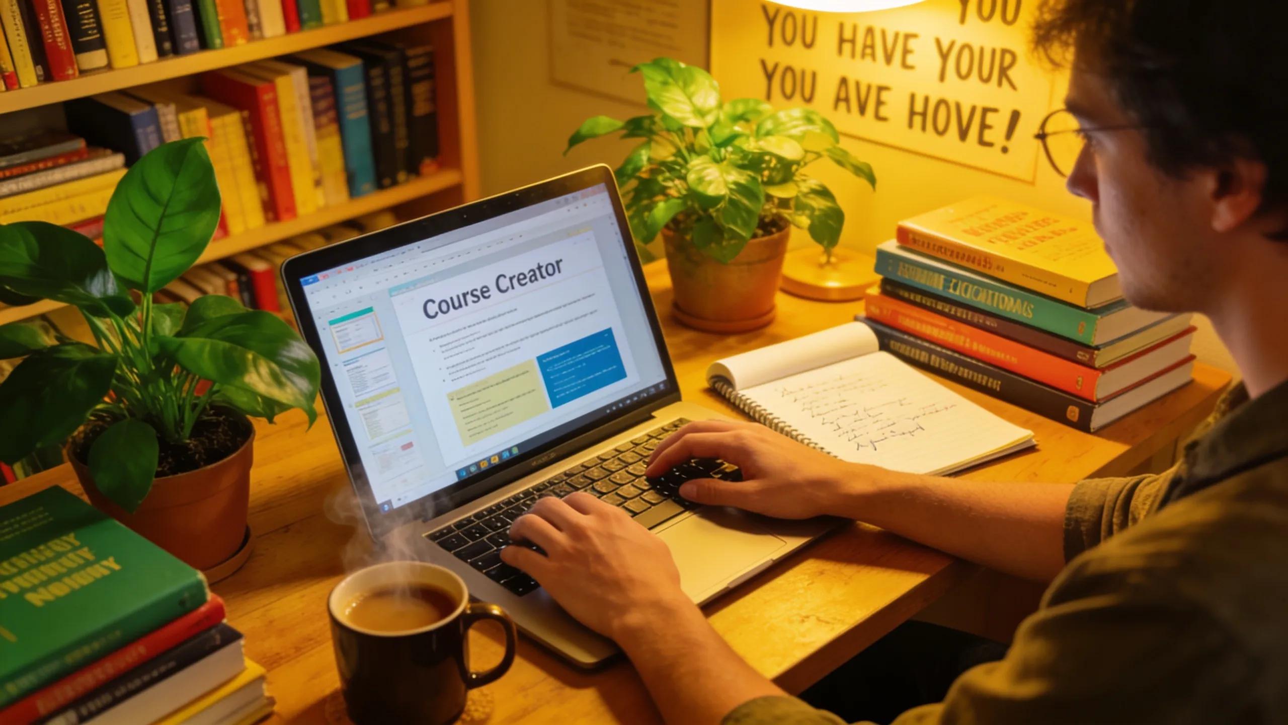 Course creator engaged in digital marketing strategy analysis in an inspiring workspace